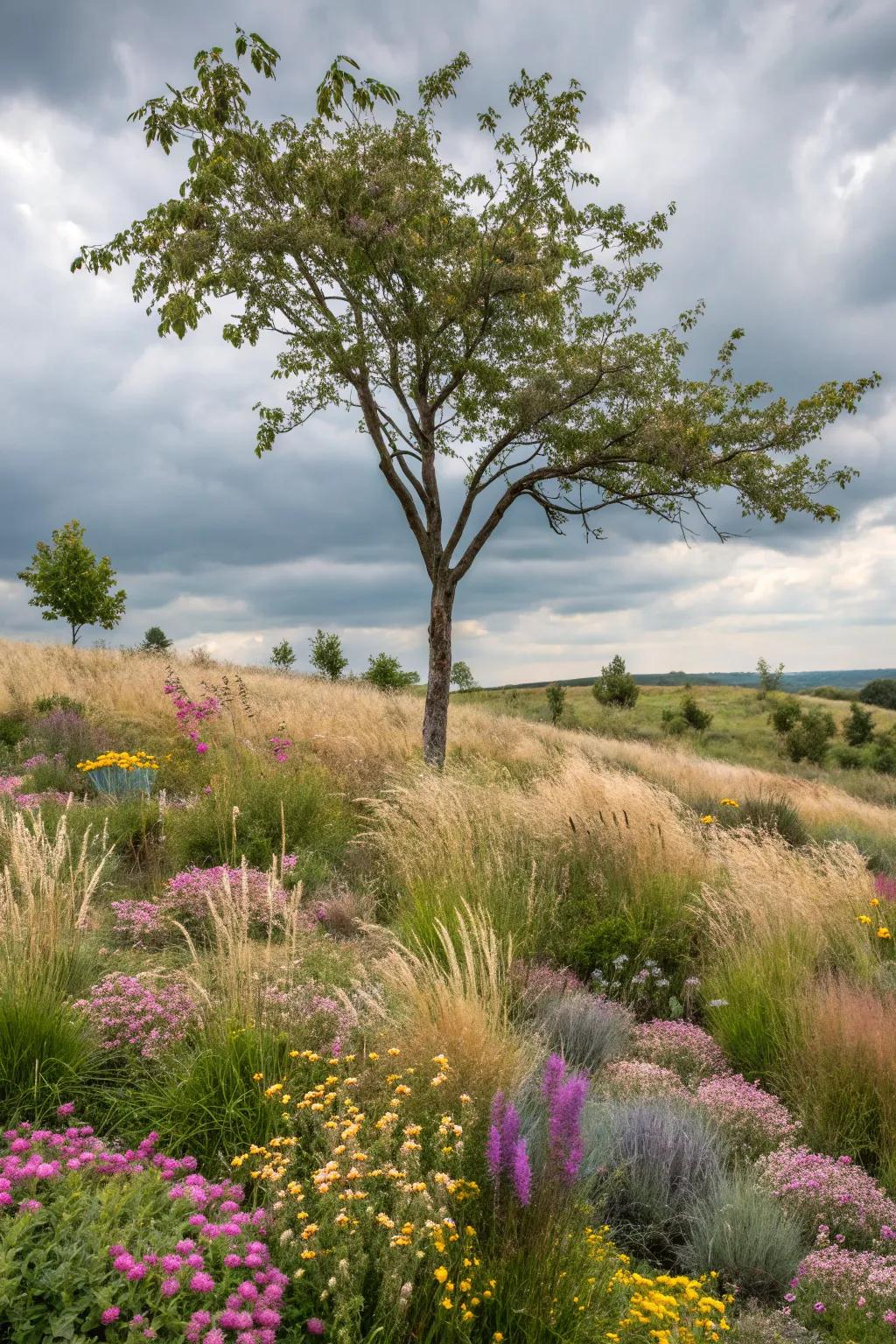 A meadow-inspired blueprint featuring grasses and wildflowers surrounds this tree.