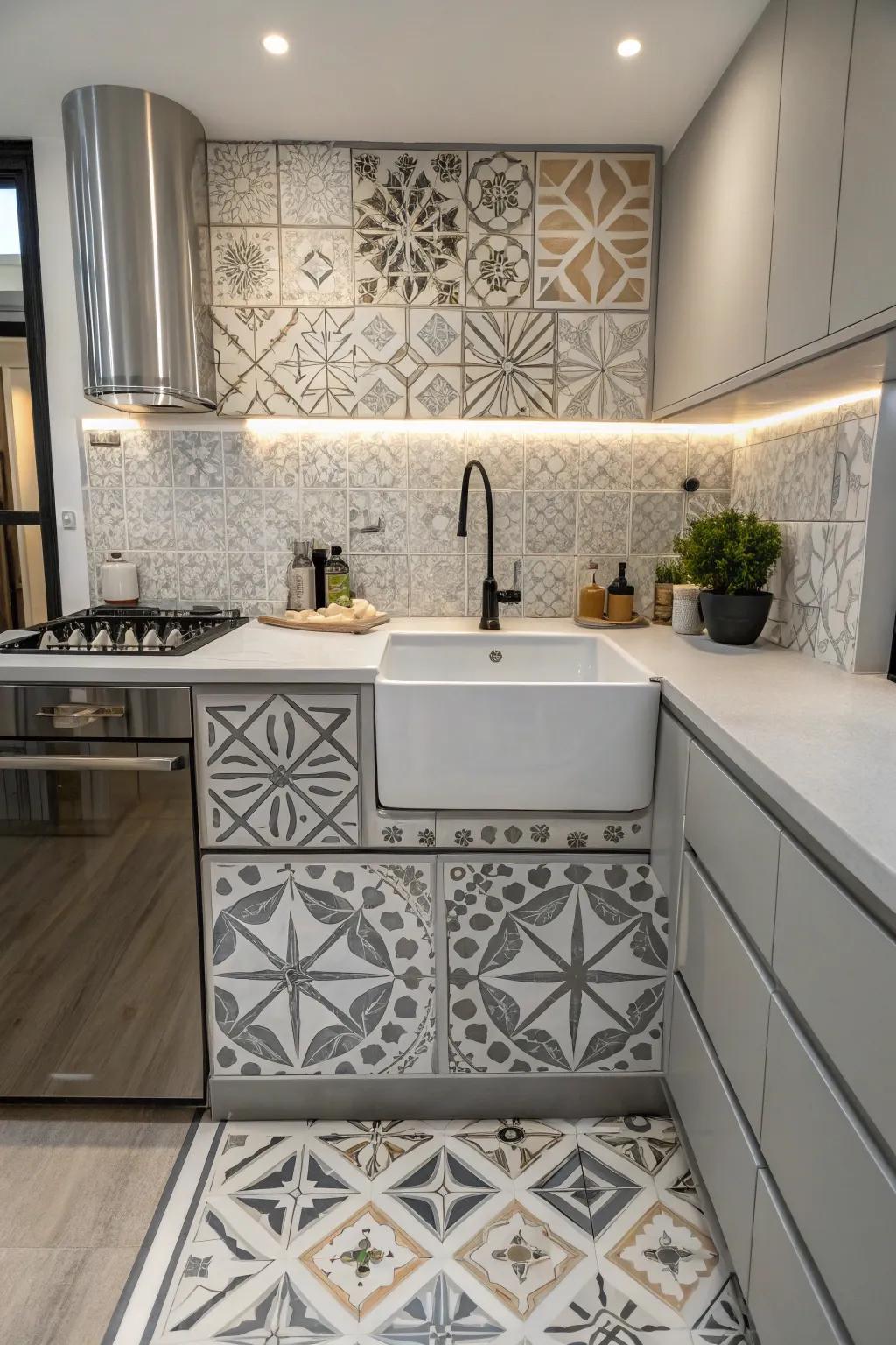 A modern kitchen featuring geometric patterns that enhance a free standing sink area.