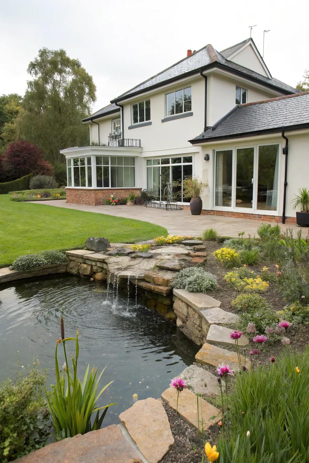 A soothing water feature that greets visitors at the front extension.