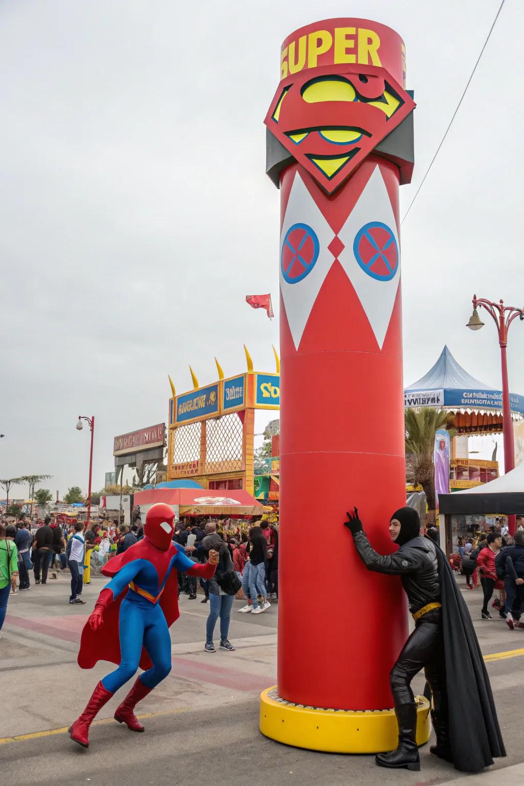 Superhero totems empower and unite fans in the festival crowd.