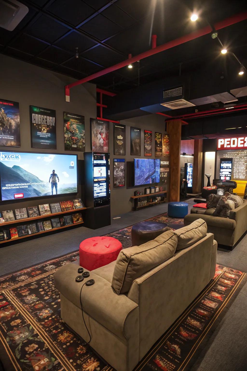 A themed gaming nook adds a personal and unique touch to the lounge.