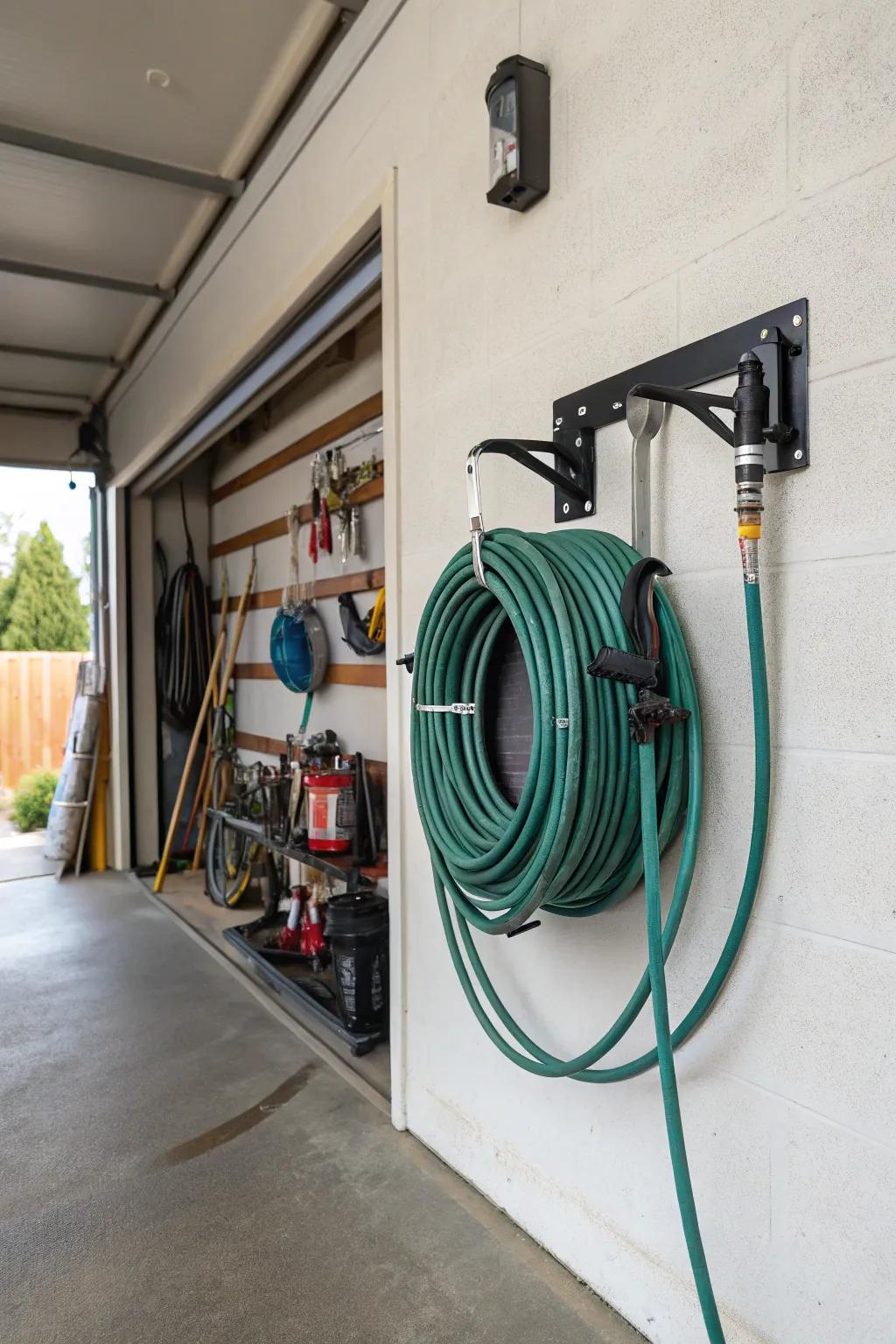 Wall-mounted hose reels keep hoses organized and accessible.