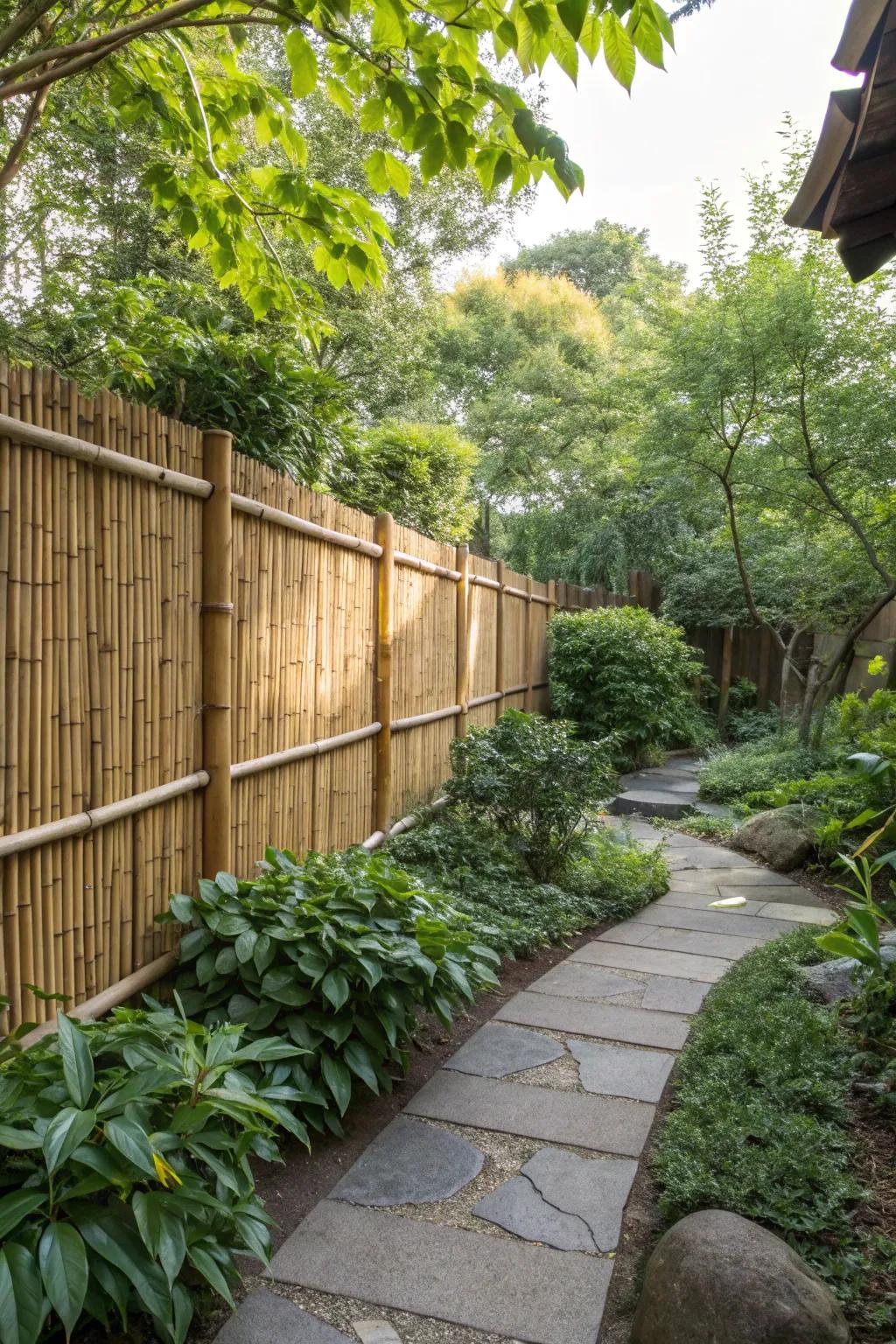 Bamboo fencing adds an exotic touch while effectively protecting the garden.