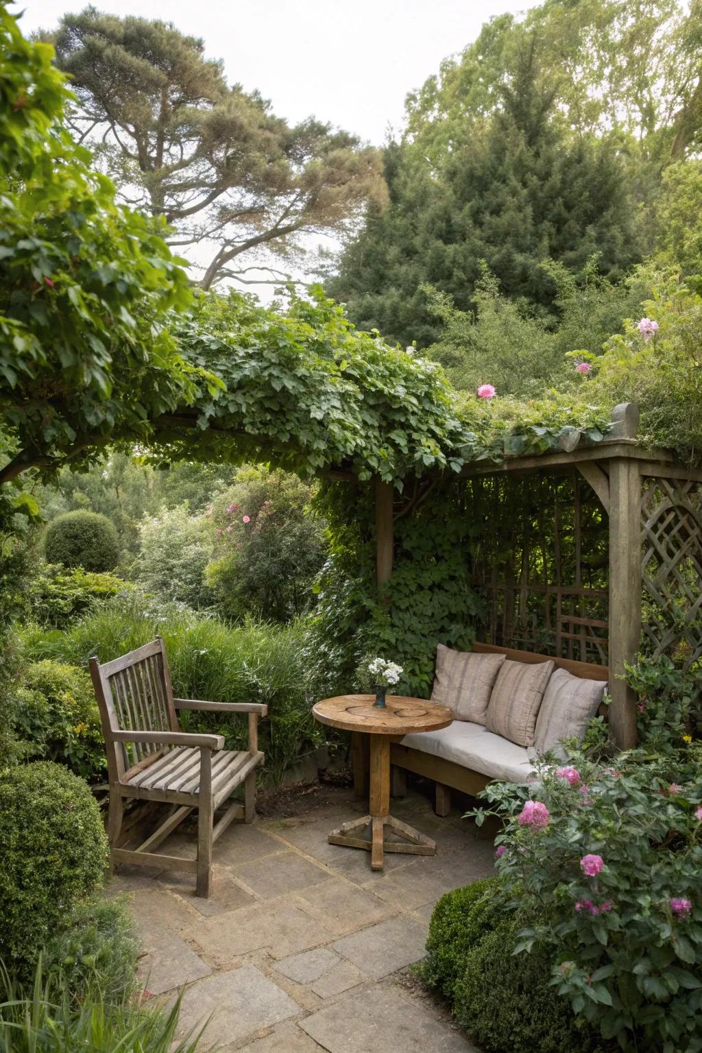 A secret garden nook, offering a private retreat amidst lush greenery.