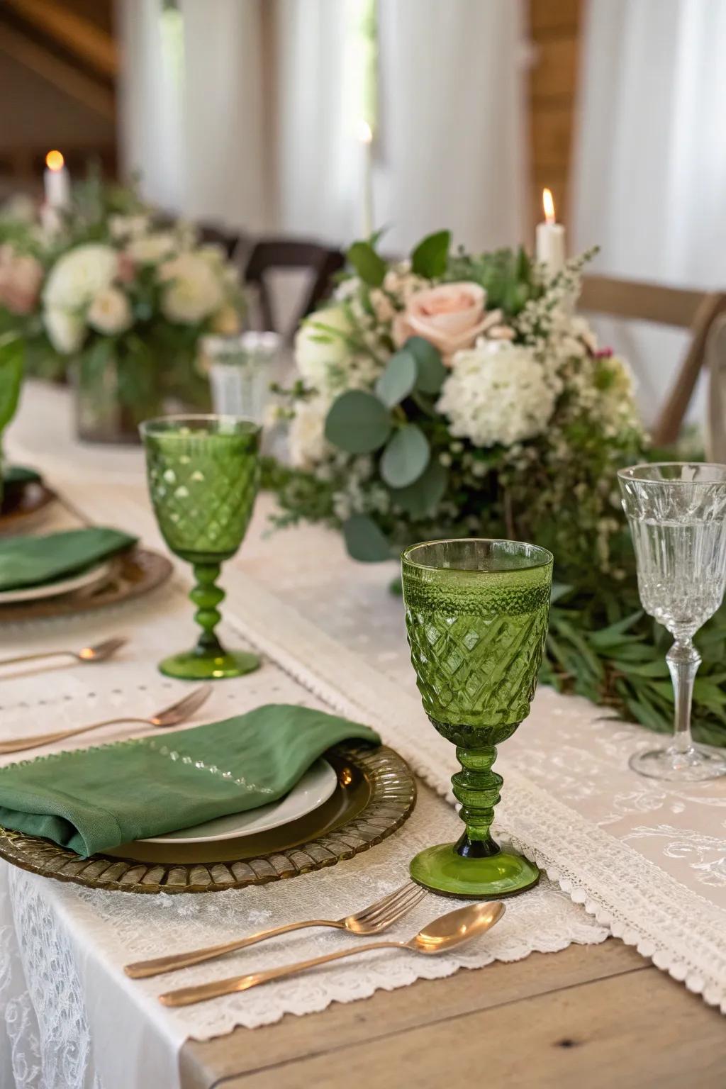 Chic green goblets adding a unique touch to celebrations.