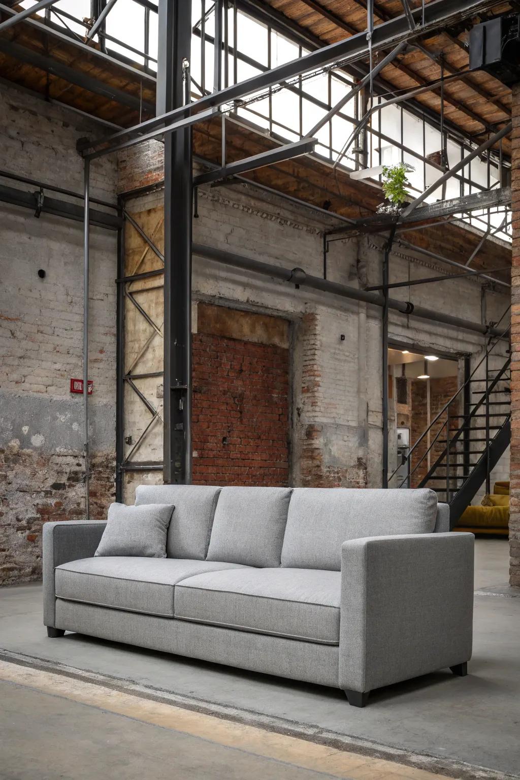 Industrial elements give a modern twist to a grey couch.