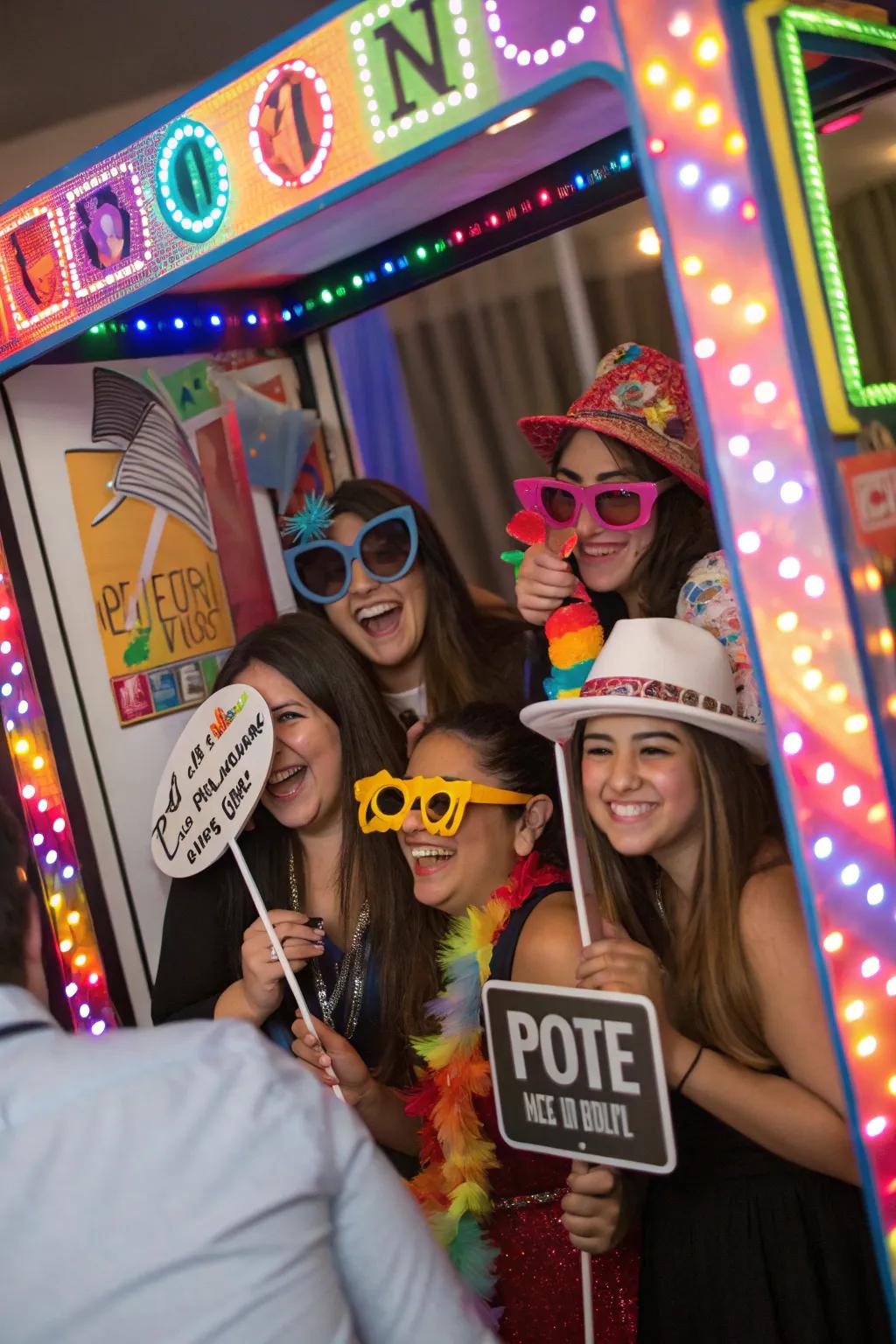 A vibrant photo booth setup with props, perfect for capturing fun moments.