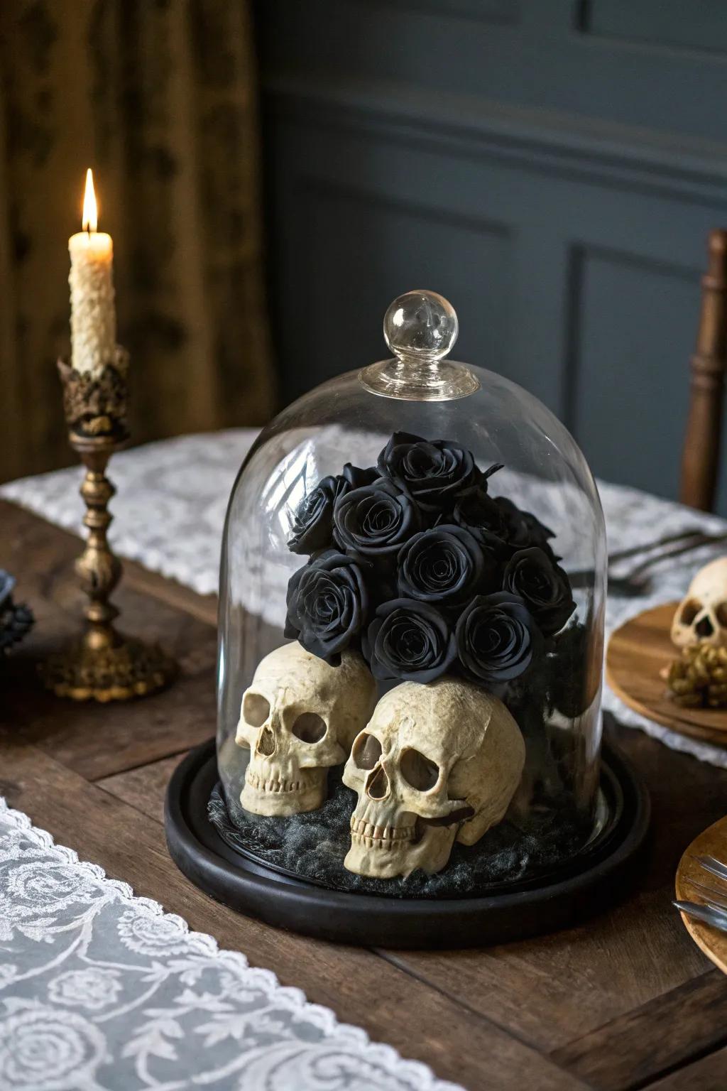 A gothic romance cloche with roses and skulls.