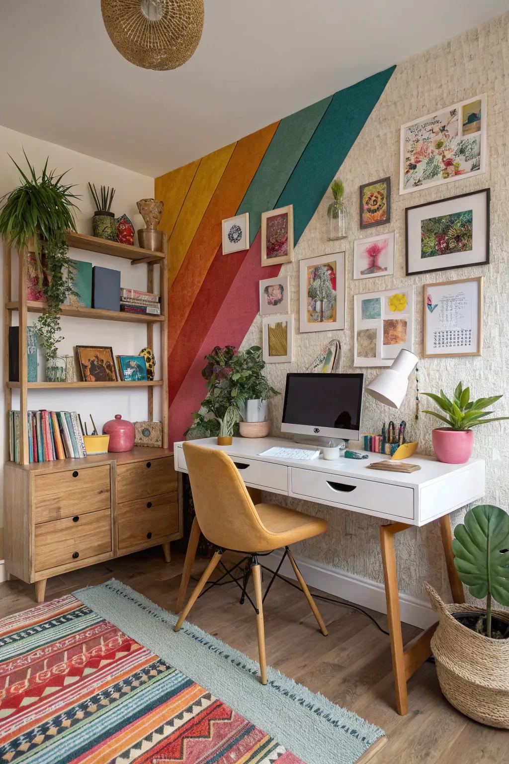 An eclectic mix of materials and colors adds personality to this home office.