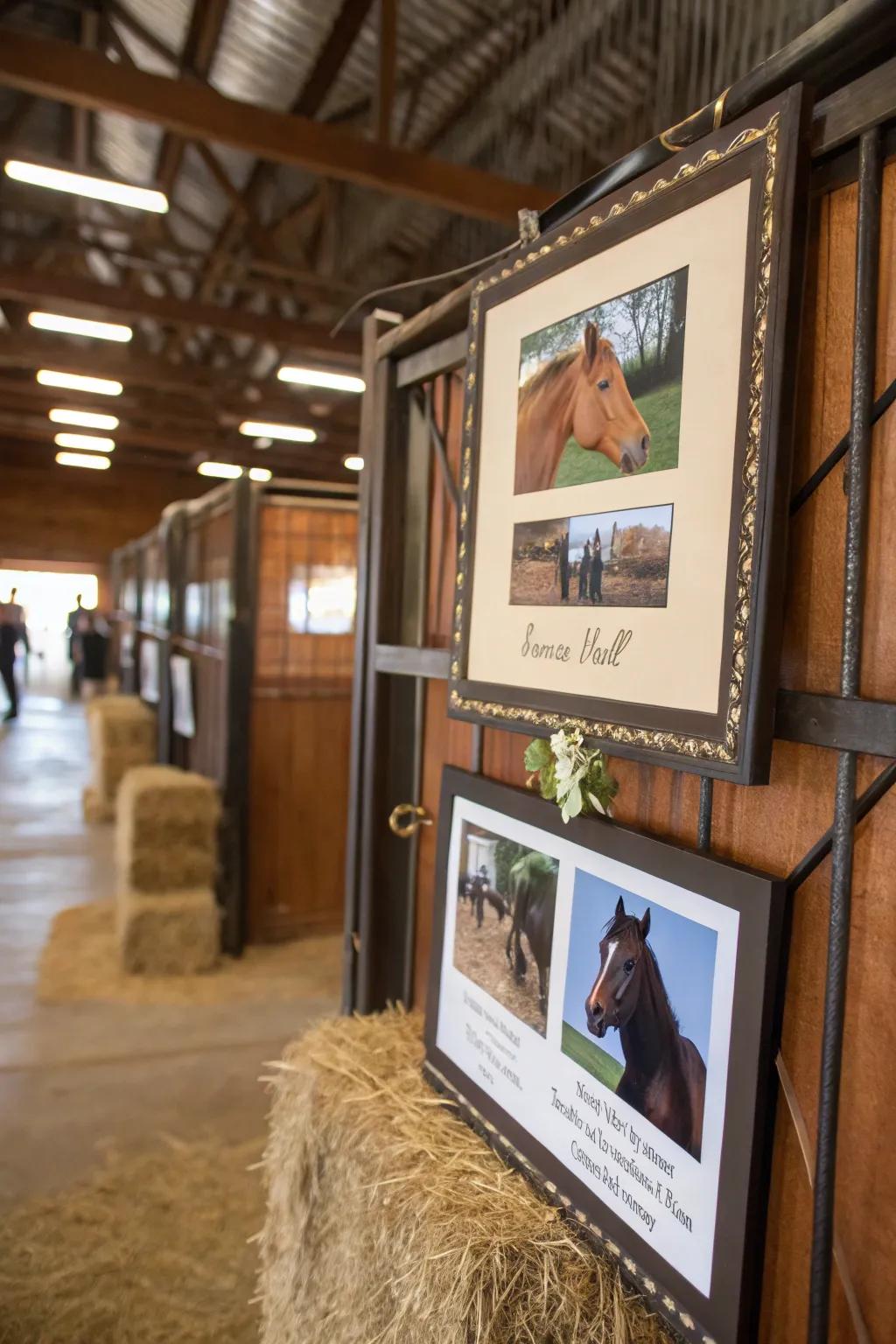 A stall sign with personal photos of a horse.