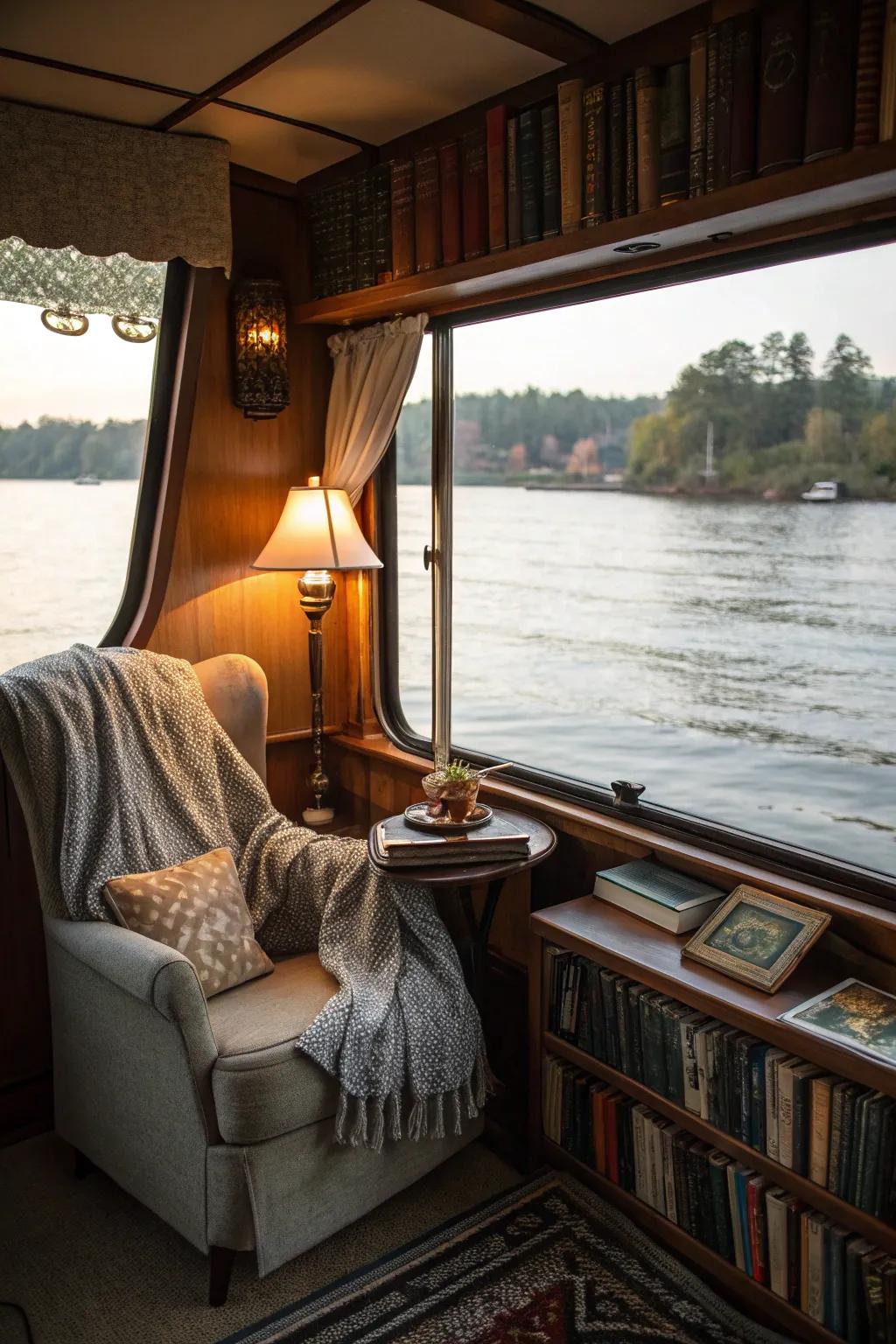 A cozy reading nook offers a peaceful escape on this houseboat.