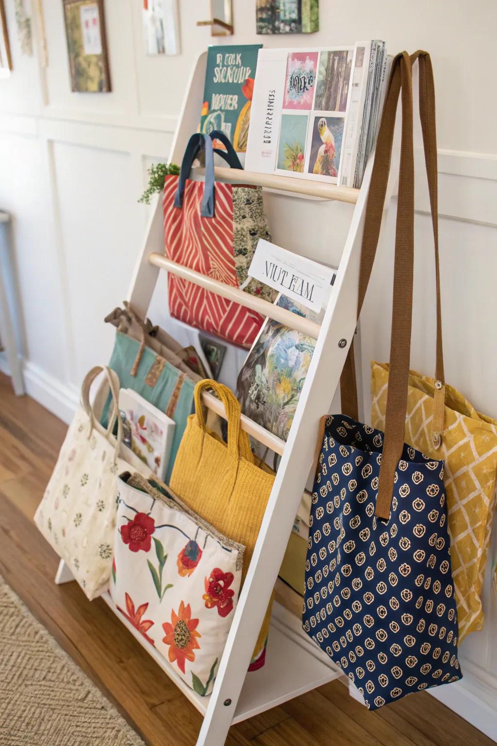 A publication holder provides unexpected utility for bag storage.
