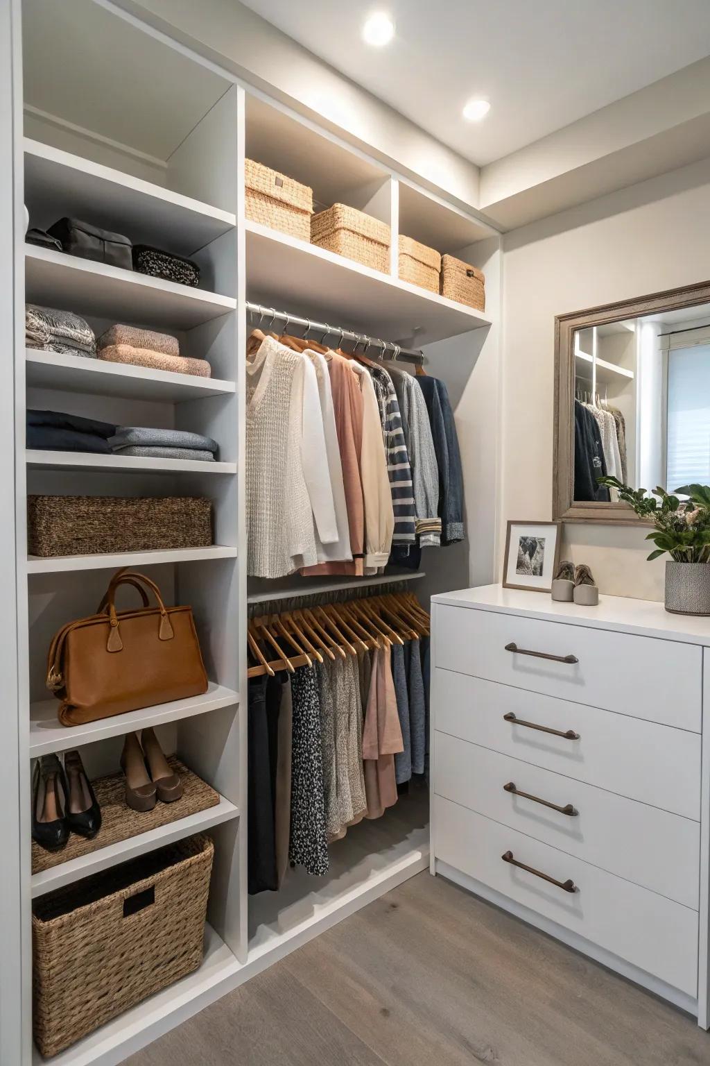Floating shelves furnish adaptable storage within a compact closet.