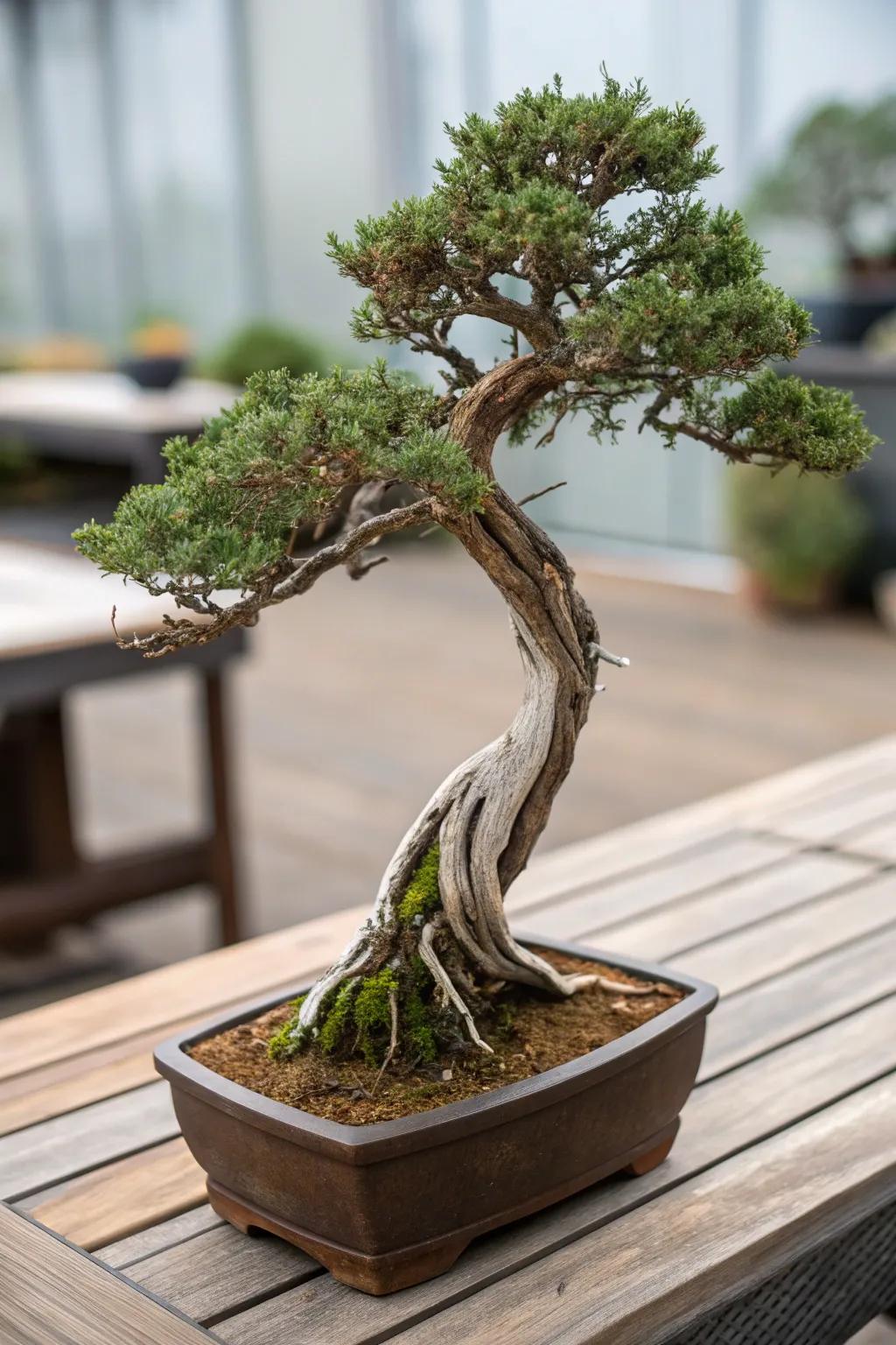 A stripped style juniper bonsai displaying its striking denuded wood.