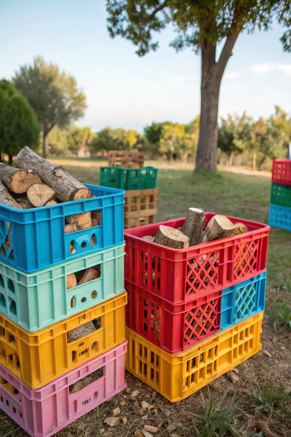 Upcycled milk crates offer a versatile and colorful kindling storage option.