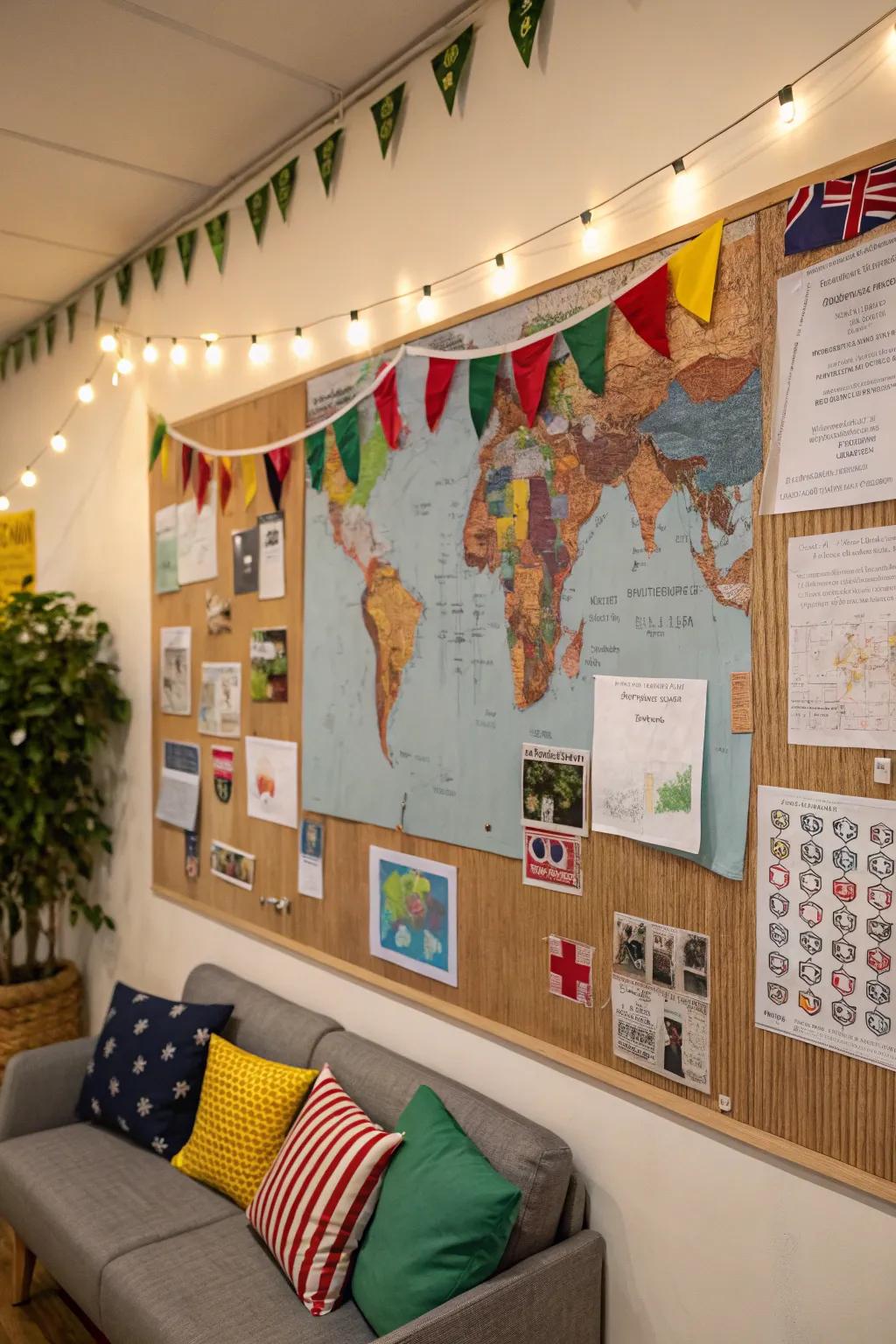 A global-themed living space bulletin board featuring world kindness stories and traditions.