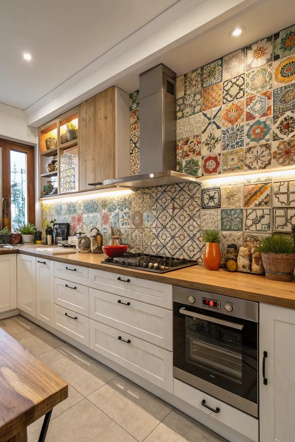 Mixing ceramic tiles offers a creative and eclectic backsplash design.