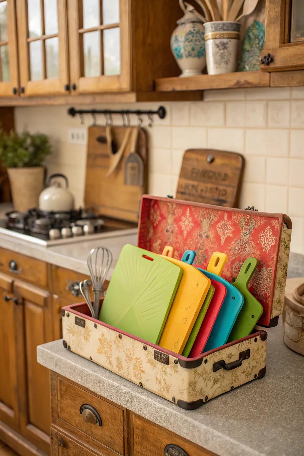 A vintage toolbox offers a playful storage solution for cutting boards.