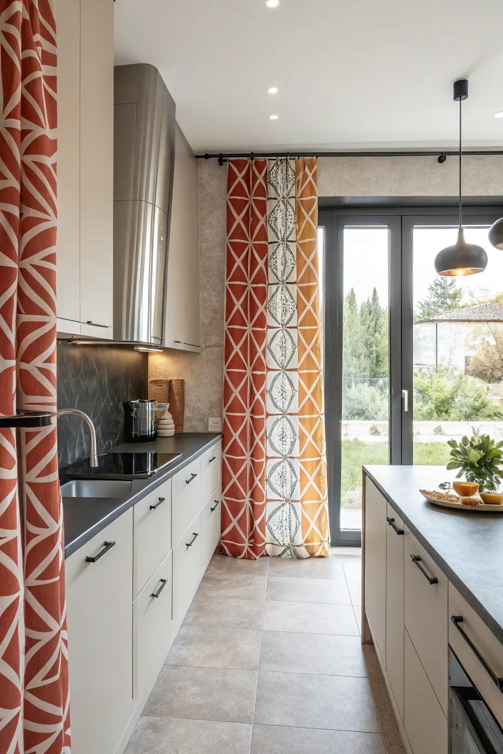 Geometric patterns add a contemporary flair to kitchen curtains.