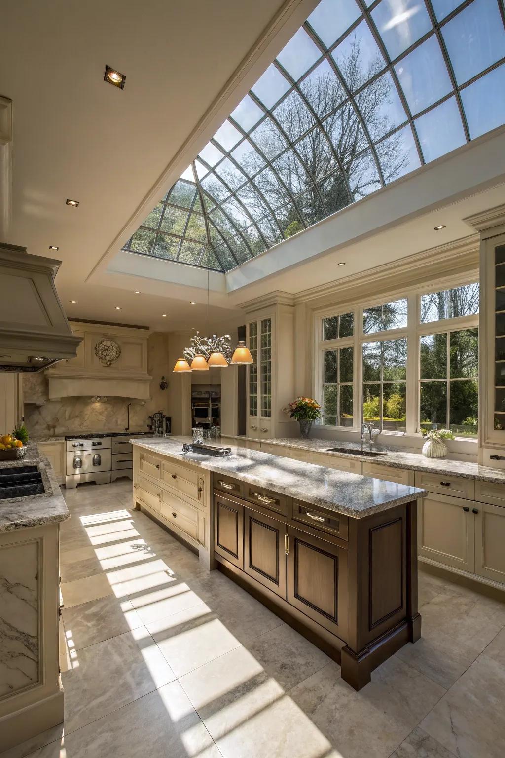 A skylight introduces a luxurious element to this elegant kitchen.