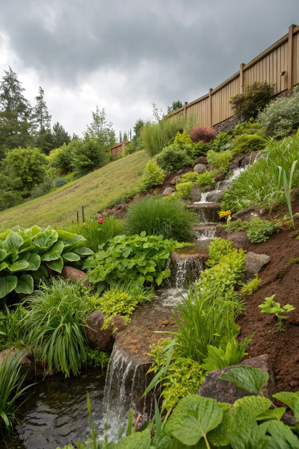 Rain collection gardens regulate water and add lavish beauty to inclines.