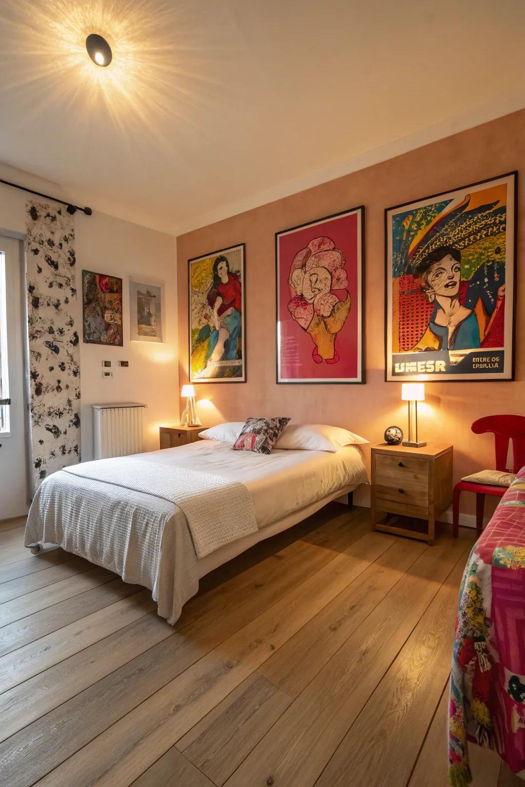 Striking artwork imparting character to a pale timber floor bedroom.