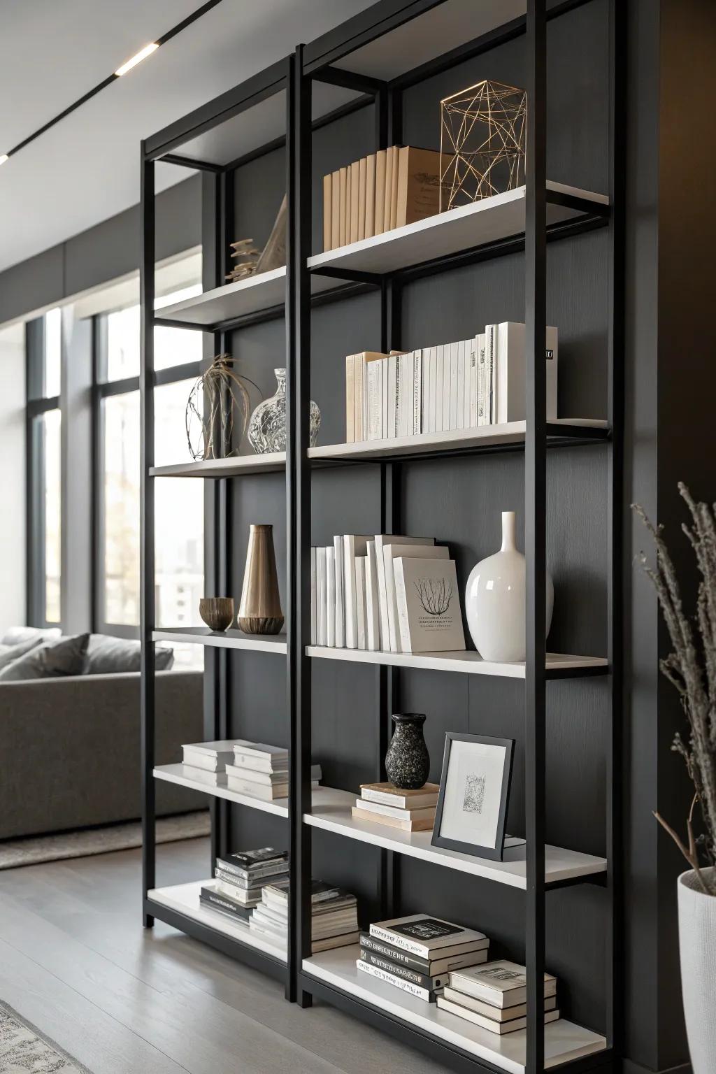 A monochrome palette creates a sleek and modern bookshelf look.