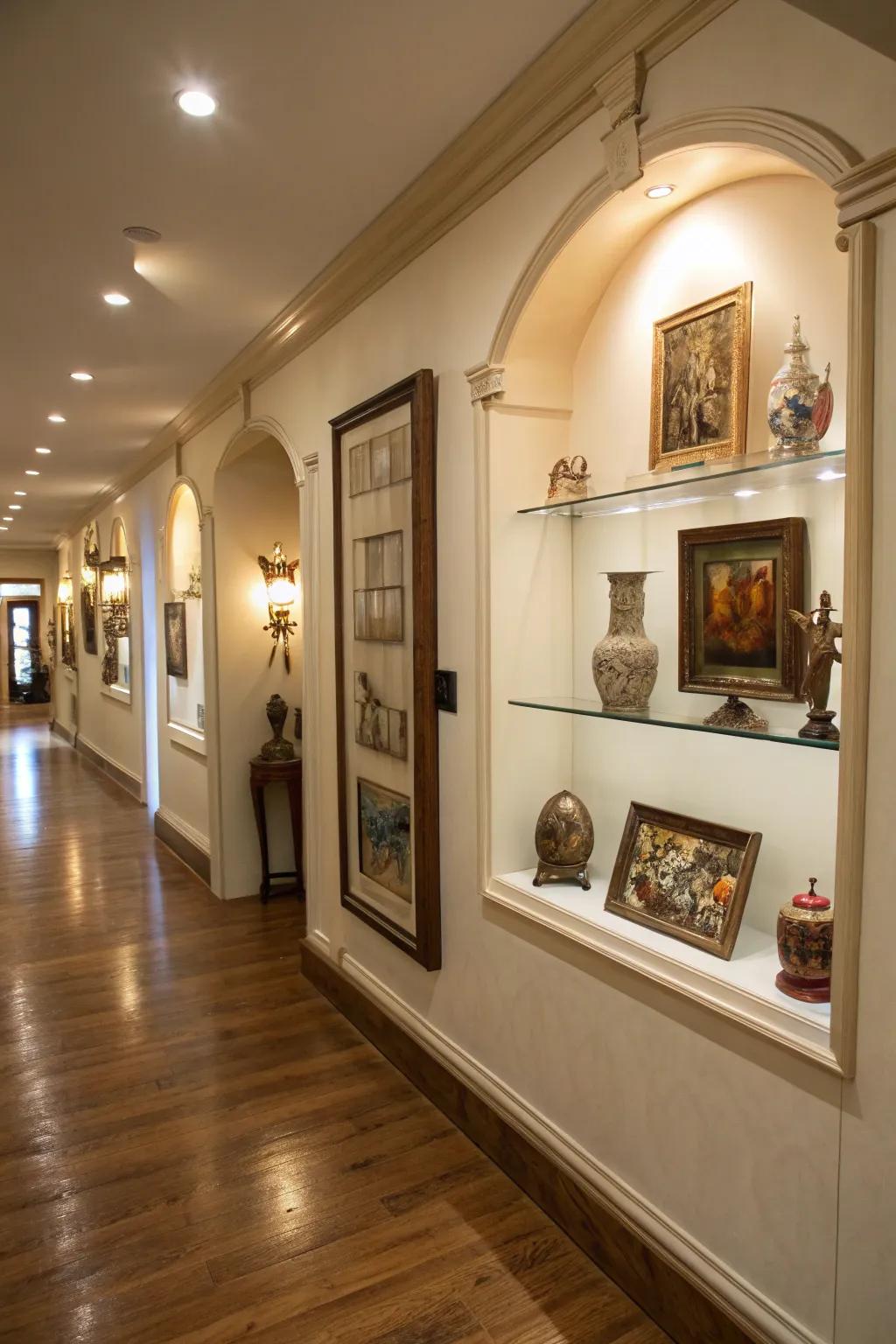 Wall niches provide perfect spots for showcasing art and collectibles.