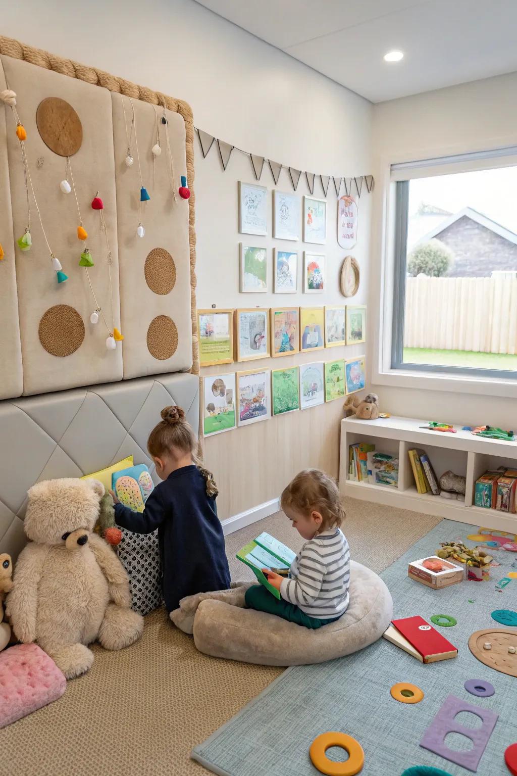 A nursery featuring interactive elements, including a sensory wall for tactile exploration.