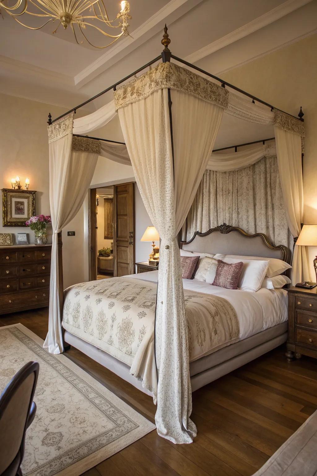 A bedroom centered around an elegant canopy bed.