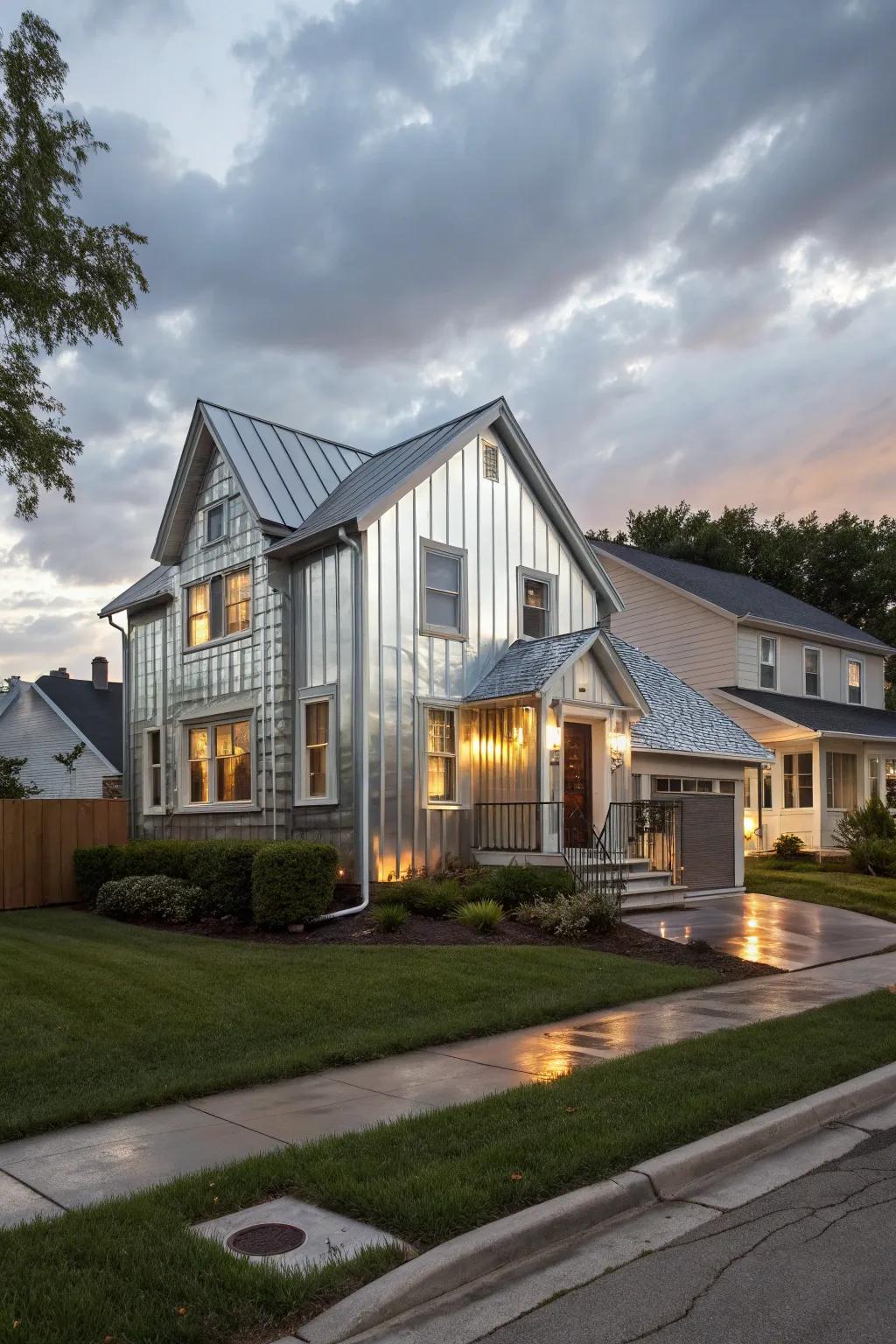 A glamorous neighborhood home with shimmering metallic metal cladding for a dazzling effect.