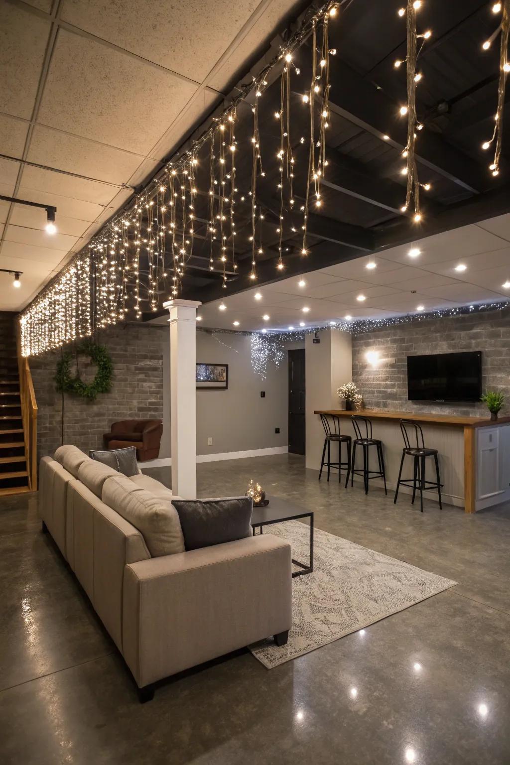 Miniature lights bring a whimsical and cozy touch to the basement.