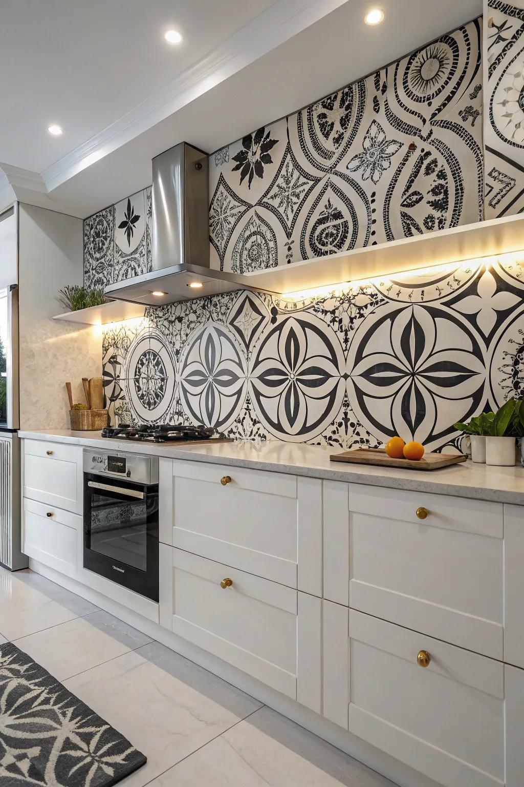 Non-representational patterns transform the backsplash into a work of art.