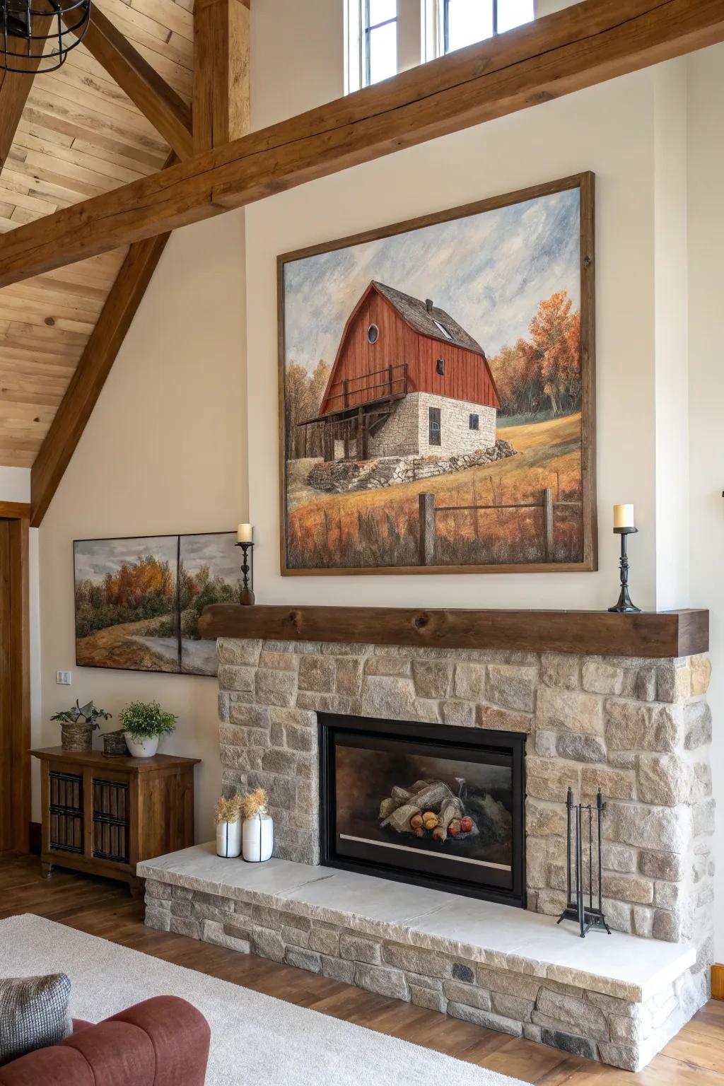 Farmhouse artwork adds an artistic flair to the fireplace.