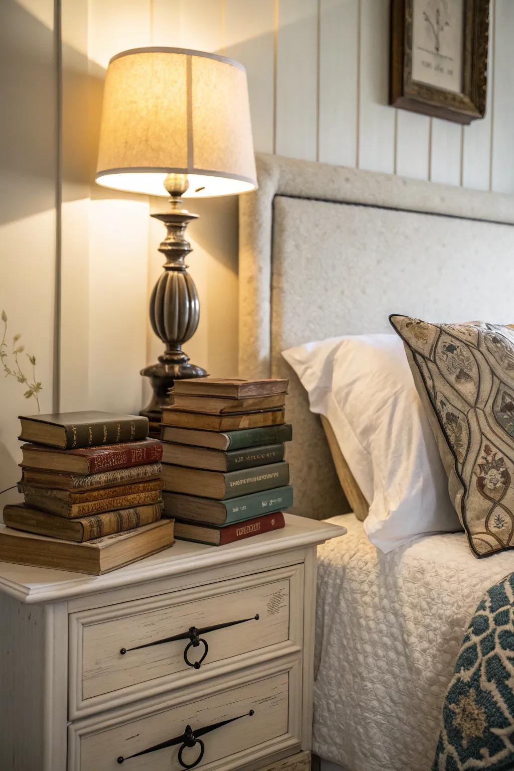 Vintage books add charm and history to this farmhouse guest bedroom.