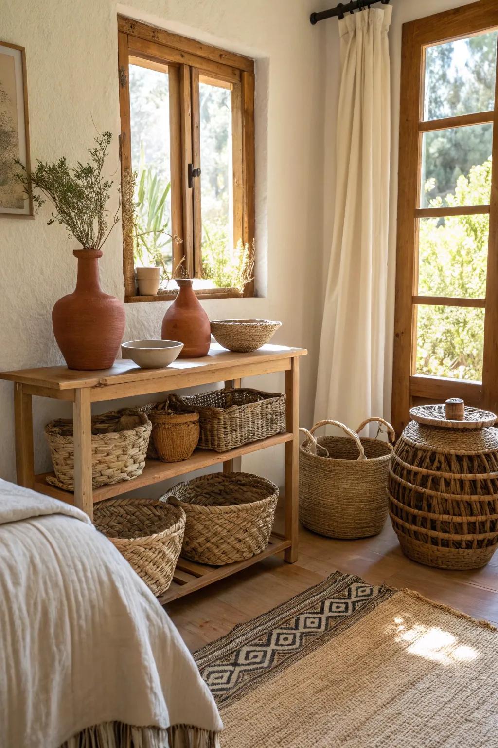 Handcrafted accessories impart a distinctive touch to a modern Spanish bedroom.