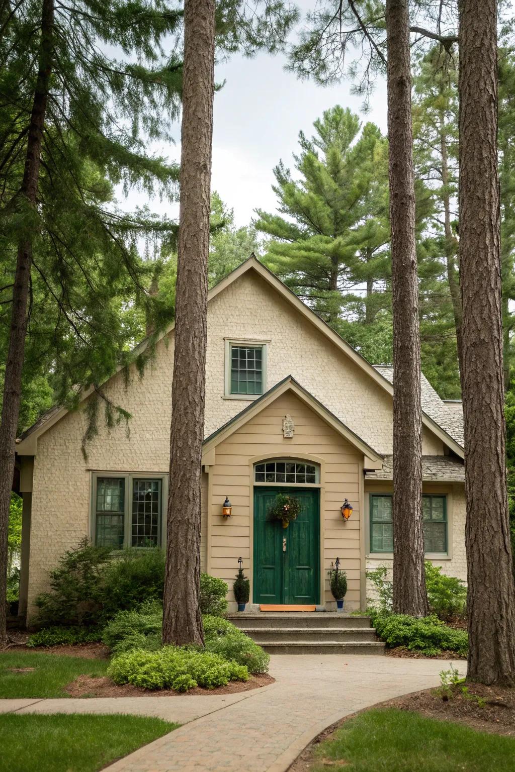 Forest green front door harmonizes with nature around a beige house.