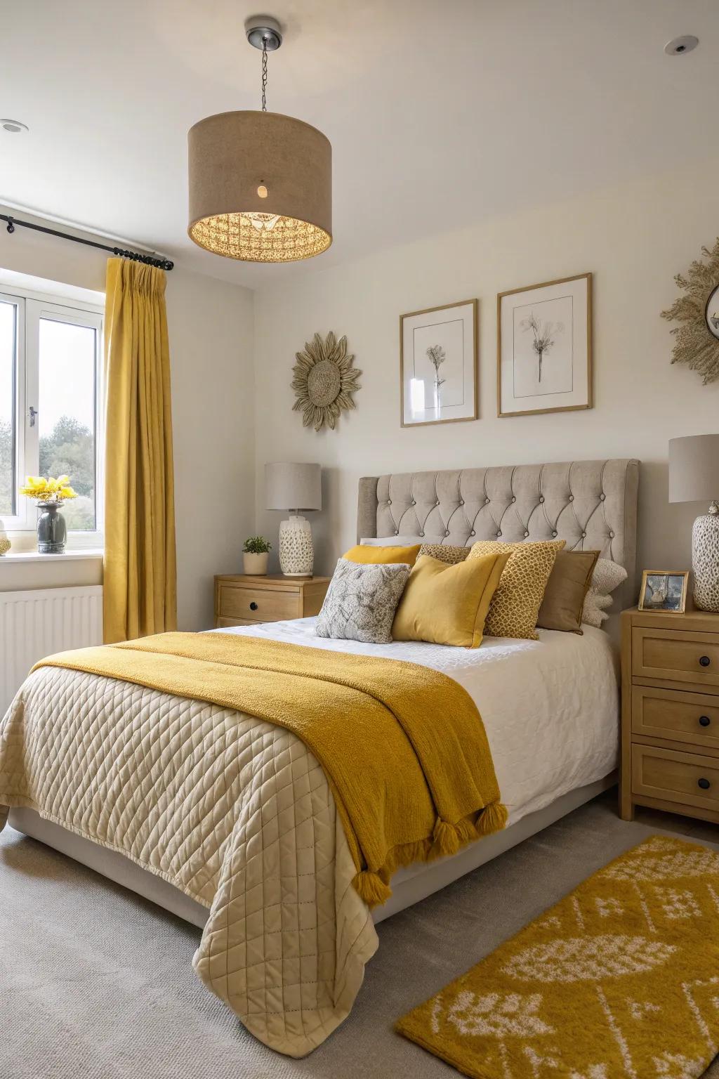 A bedroom with mustard yellow accents and neutral decor.