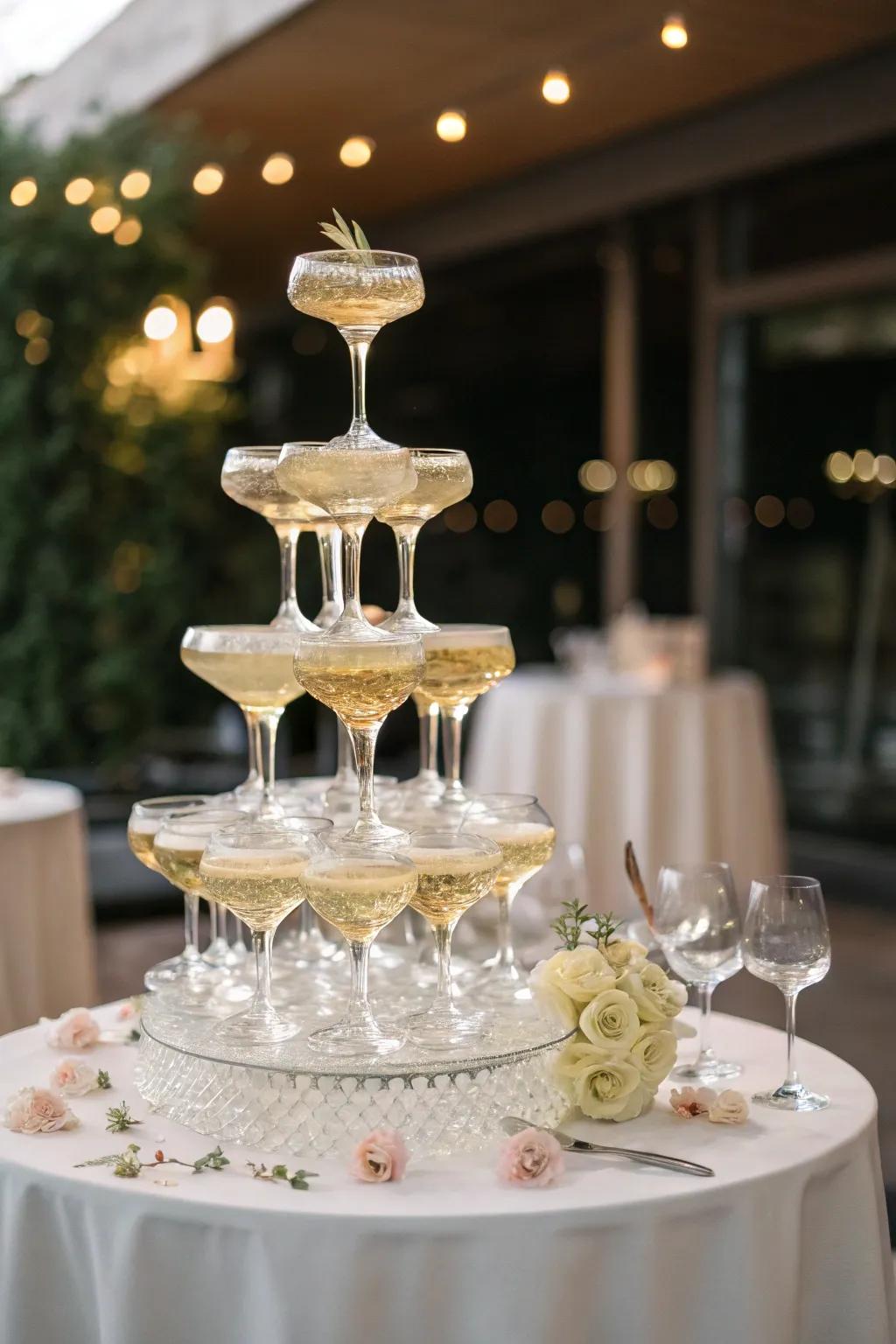 A champagne tower serves as a stunning centerpiece and drink station.