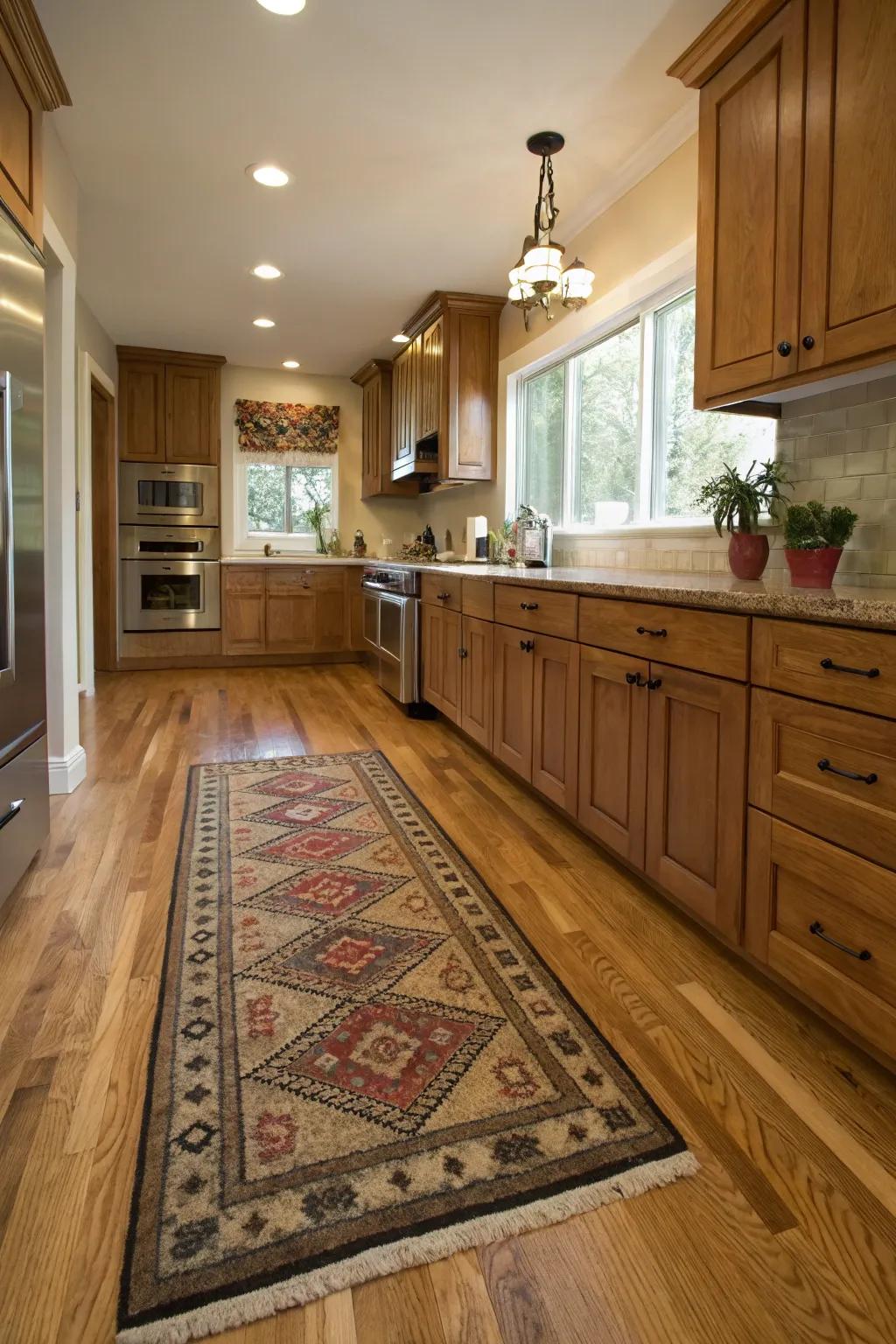 Area rugs bringing softness to oak floor kitchens.