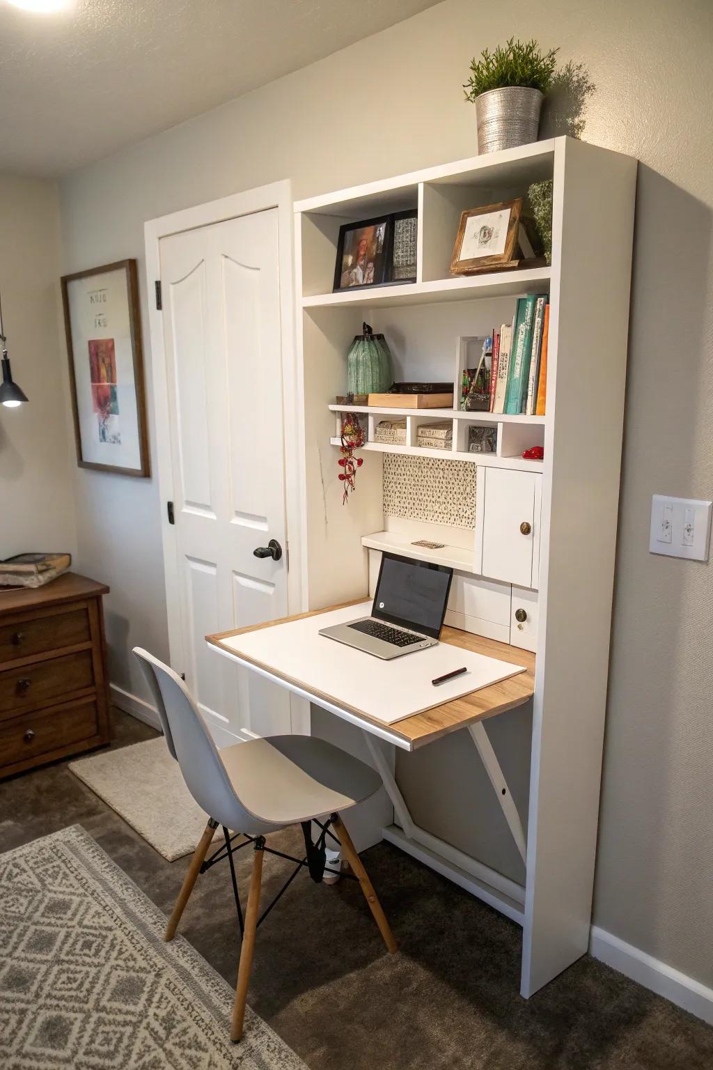A fold-down writing table provides a space-efficient solution for small offices.