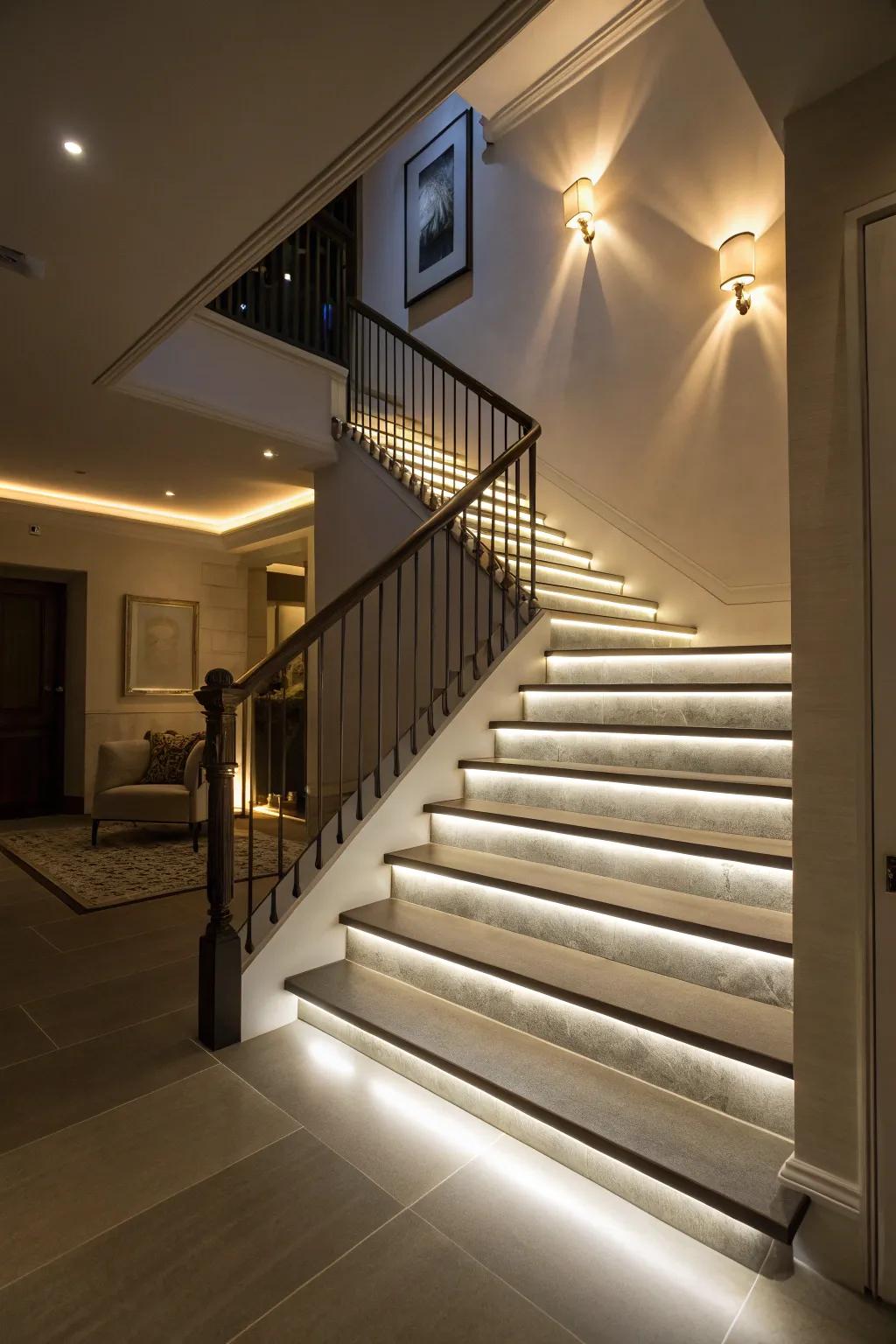 Hidden lighting introduces drama and elegance to the staircase.