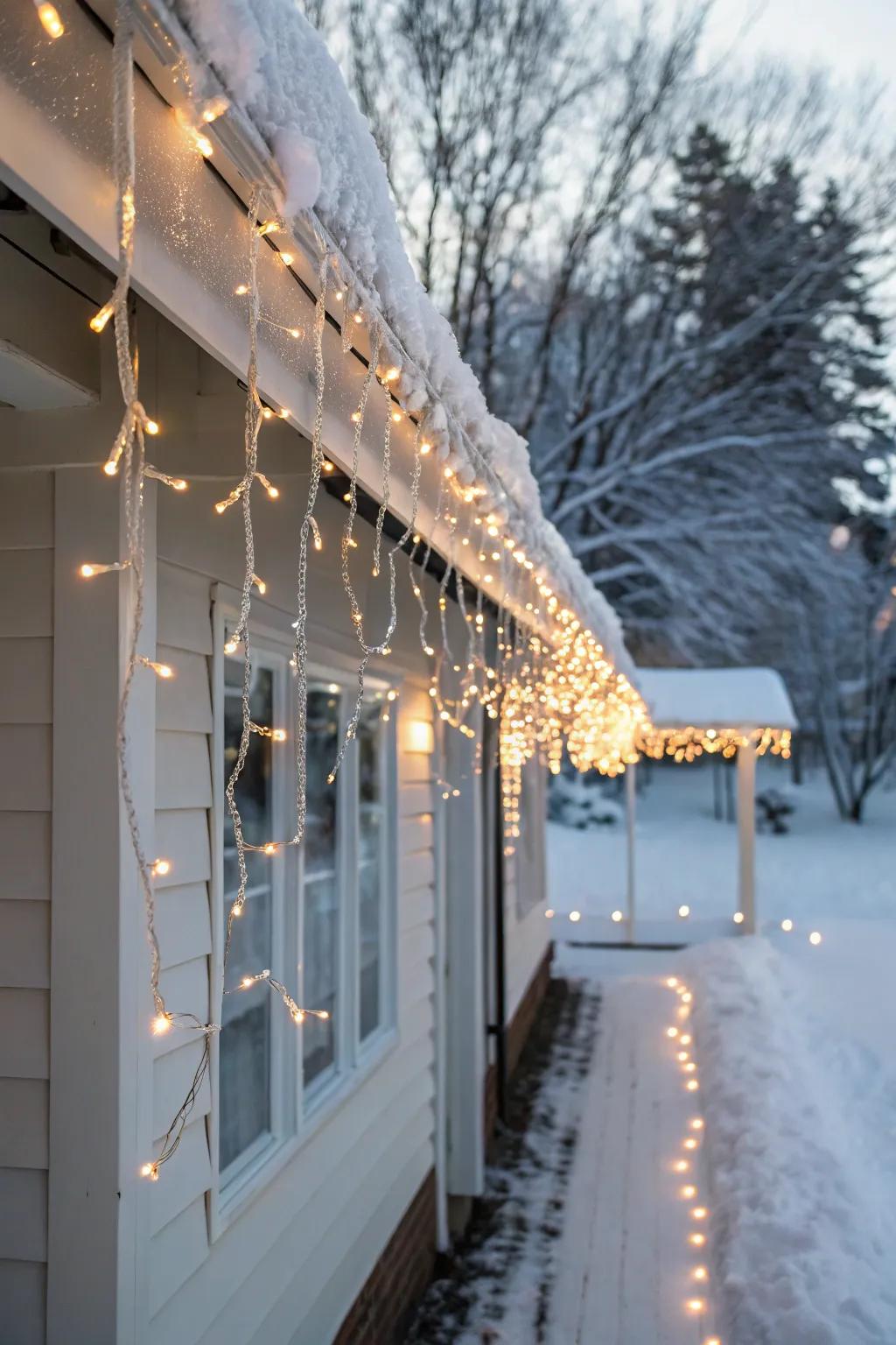 Icicle lights along the roofline bring a classic winter feel.