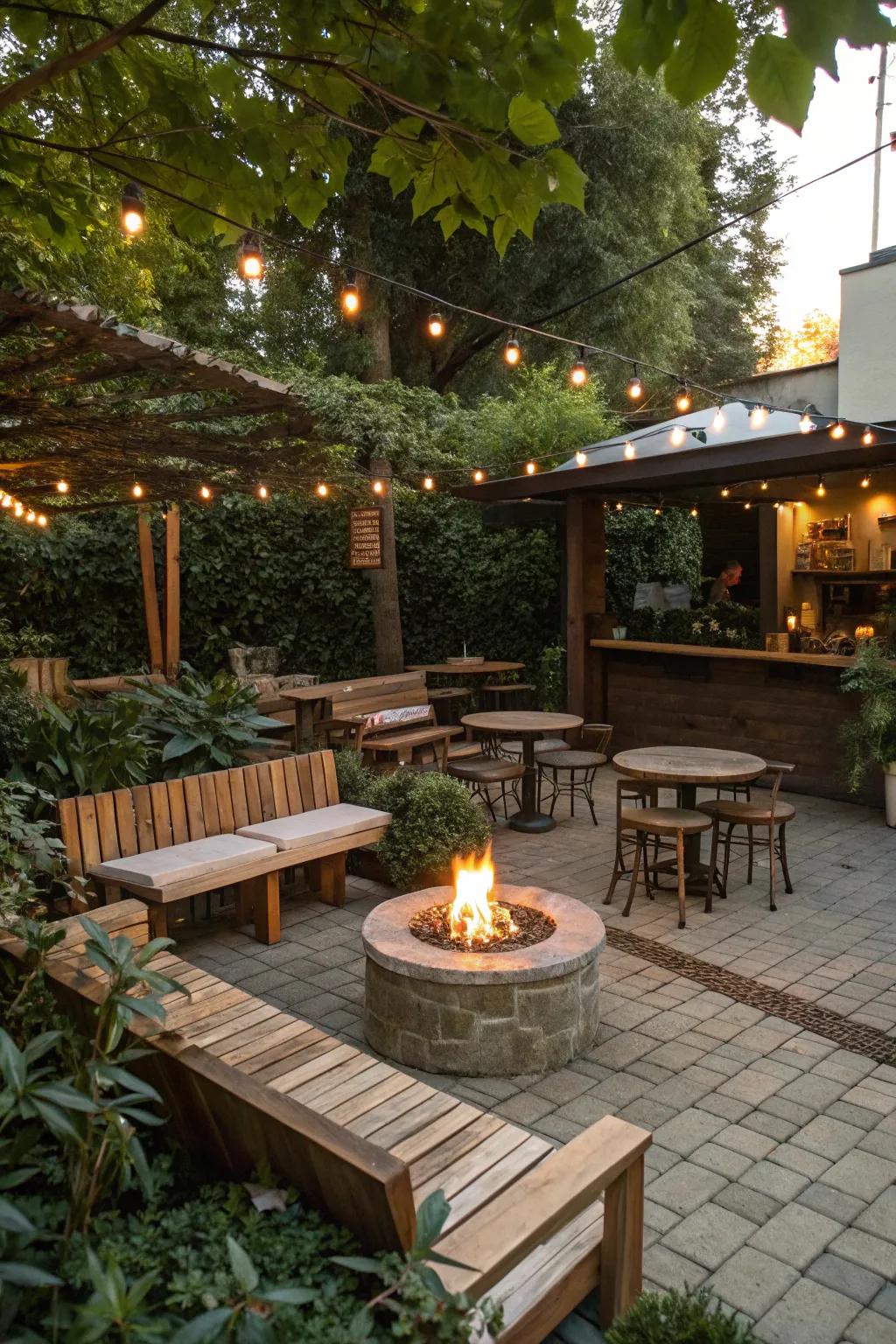 A cozy coffee bar with a nearby fire pit for warmth and ambiance.