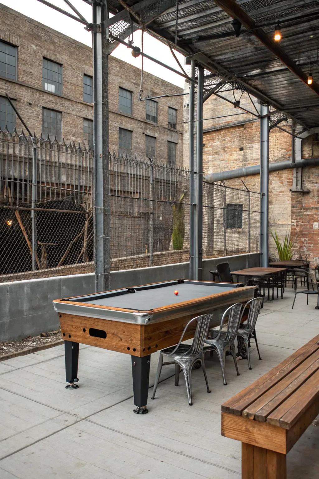 An industrial-style billiards area incorporating metal and wood elements.