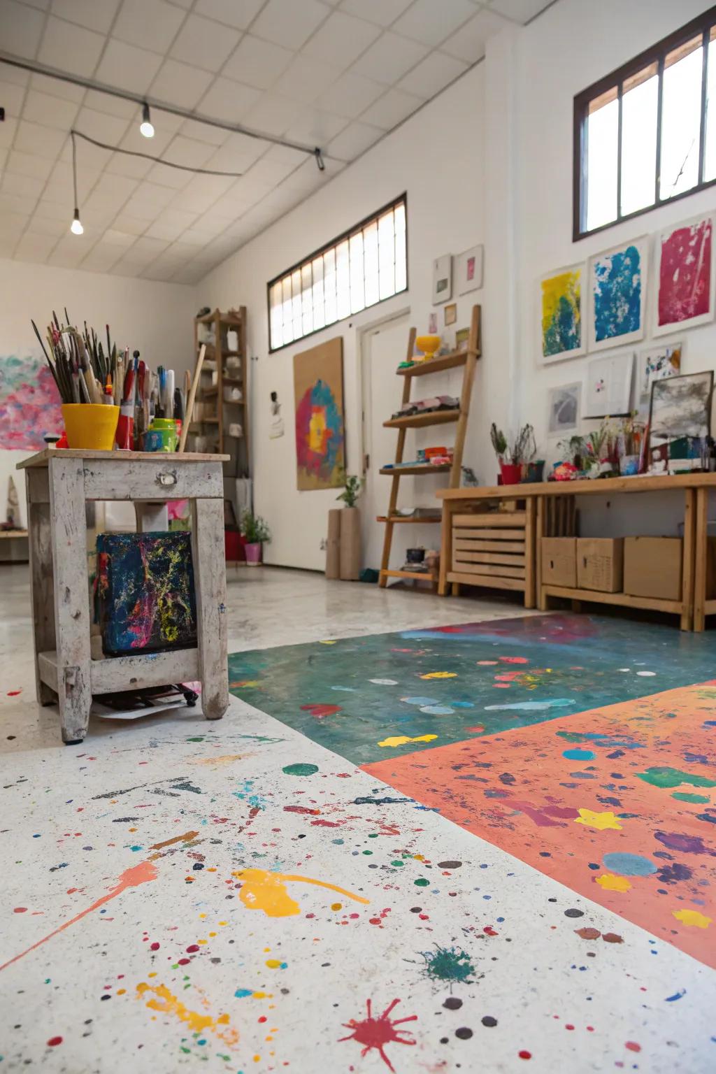 An art studio with artistic splatter painted floors, creating a vibrant and inspiring workspace.