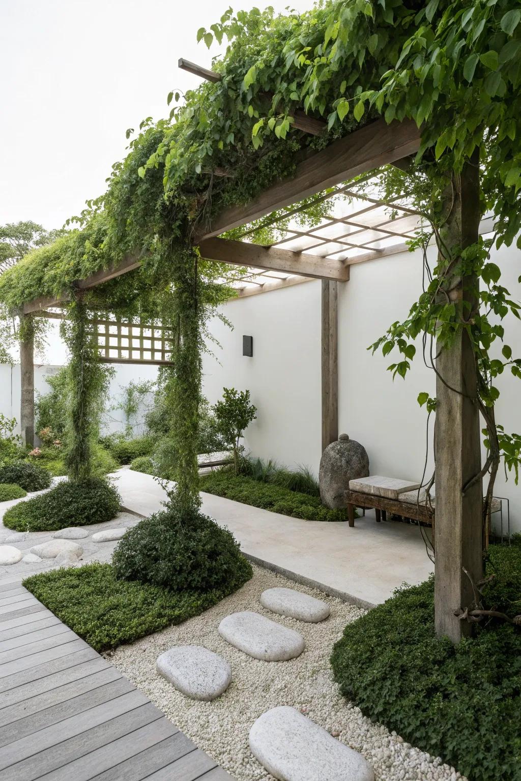 A Zen garden pergola offers a tranquil meditation retreat.