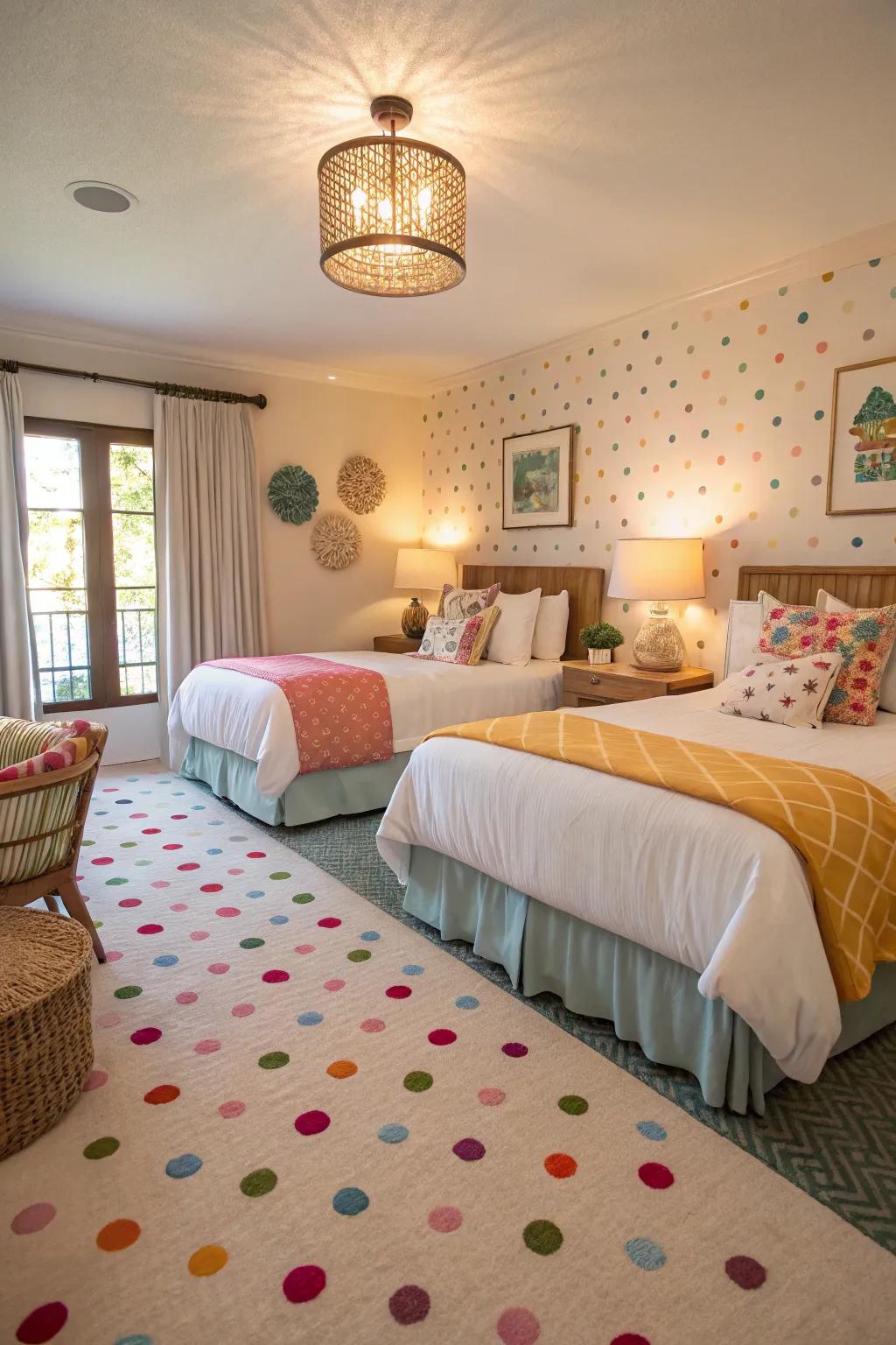 Pastel polka dots create a playful and cheerful ambiance.