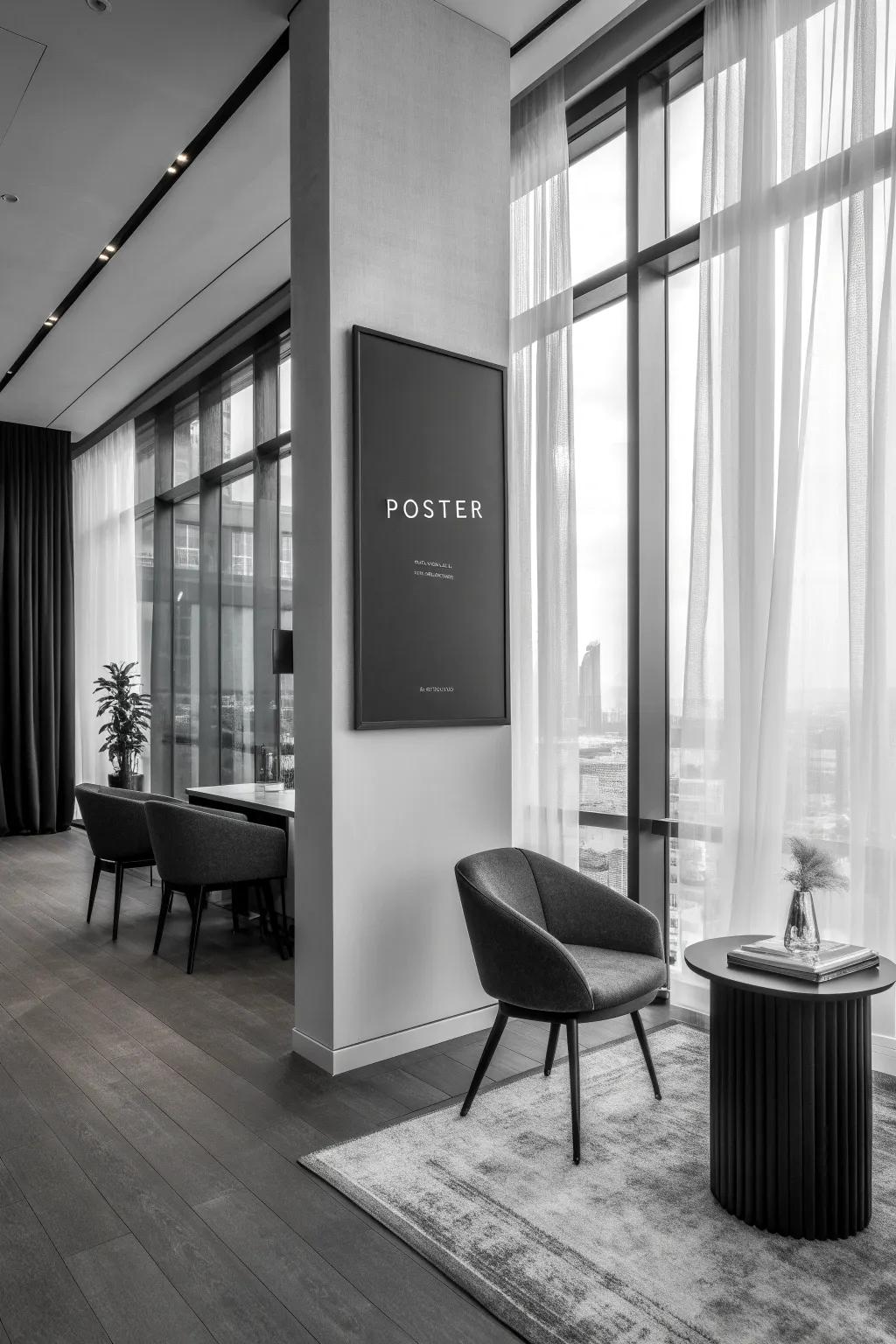 A monochrome black and white poster adding sophistication to an office.