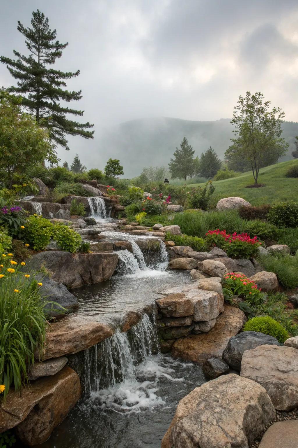 Cascading water streams adding dynamic beauty to a garden.